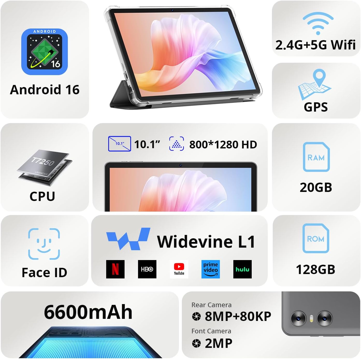 Tablet 10 Pulgadas, con Teclado, Lápiz, Funda y Ratón, Android 16, 20 GB de RAM + 128 GB de ROM, Octa-Core, 1280 x 800 HD, 6600 mAh (con NTC), Widevine L1, 8 MP + 2 MP, 2.4 G + 5 G WiFi (Gris) - 2