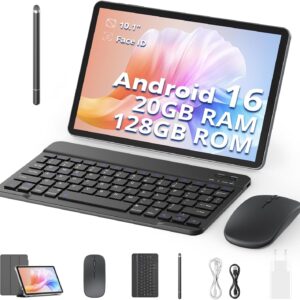 Tablet 10 Pulgadas, con Teclado, Lápiz, Funda y Ratón, Android 16, 20 GB de RAM + 128 GB de ROM, Octa-Core, 1280 x 800 HD, 6600 mAh (con NTC), Widevine L1, 8 MP + 2 MP, 2.4 G + 5 G WiFi (Gris)