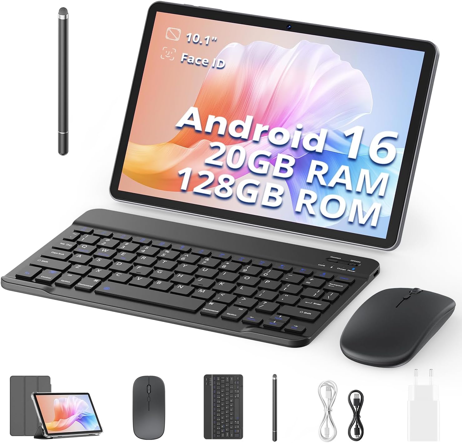 Tablet 10 Pulgadas, con Teclado, Lápiz, Funda y Ratón, Android 16, 20 GB de RAM + 128 GB de ROM, Octa-Core, 1280 x 800 HD, 6600 mAh (con NTC), Widevine L1, 8 MP + 2 MP, 2.4 G + 5 G WiFi (Gris) - 1