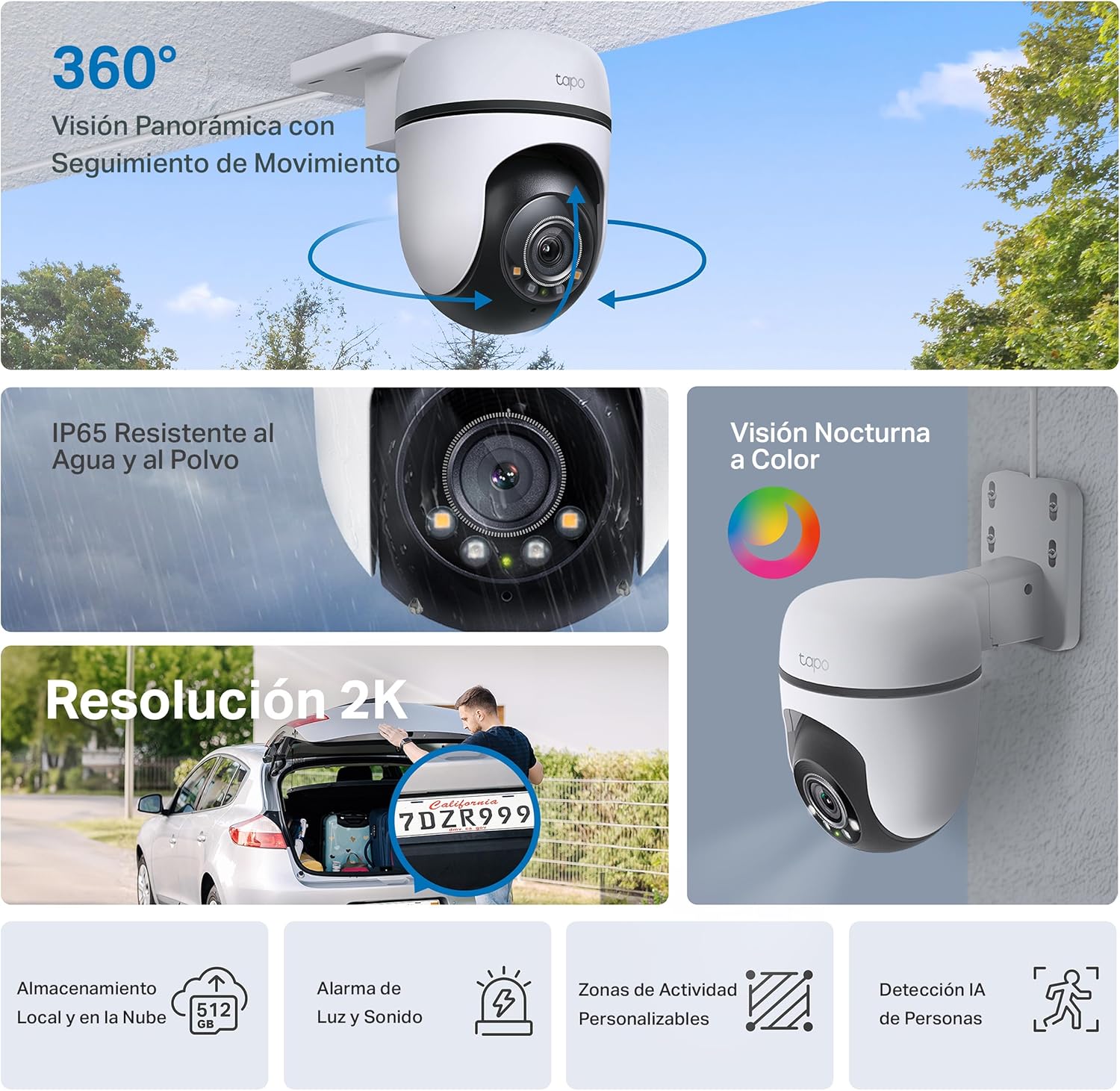 Tapo C51A - Cámara de vigilancia Wi-Fi para Exteriores 360°, visión Nocturna a Todo Color 2k (3 MP), detección Personas con IA Seguimiento Movimiento Inteligente IP65 - 3