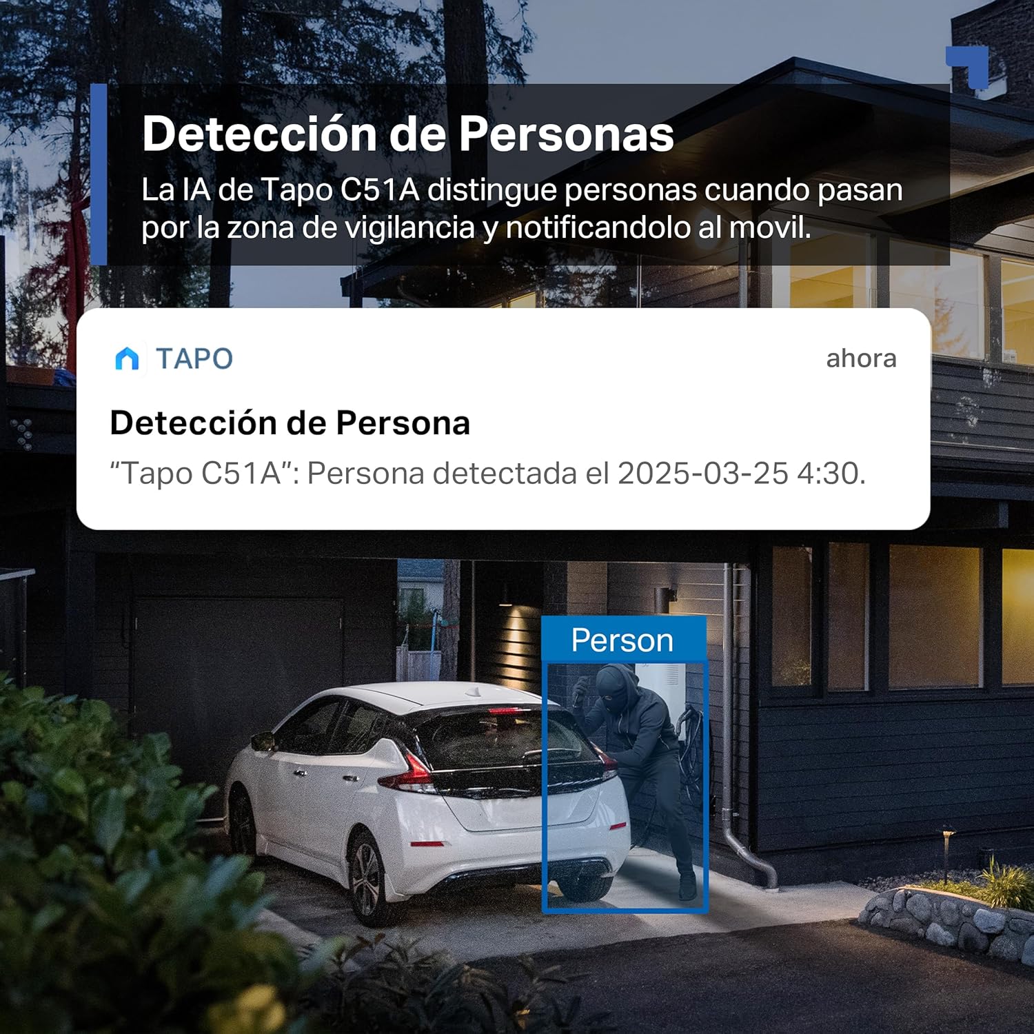 Tapo C51A - Cámara de vigilancia Wi-Fi para Exteriores 360°, visión Nocturna a Todo Color 2k (3 MP), detección Personas con IA Seguimiento Movimiento Inteligente IP65 - 5