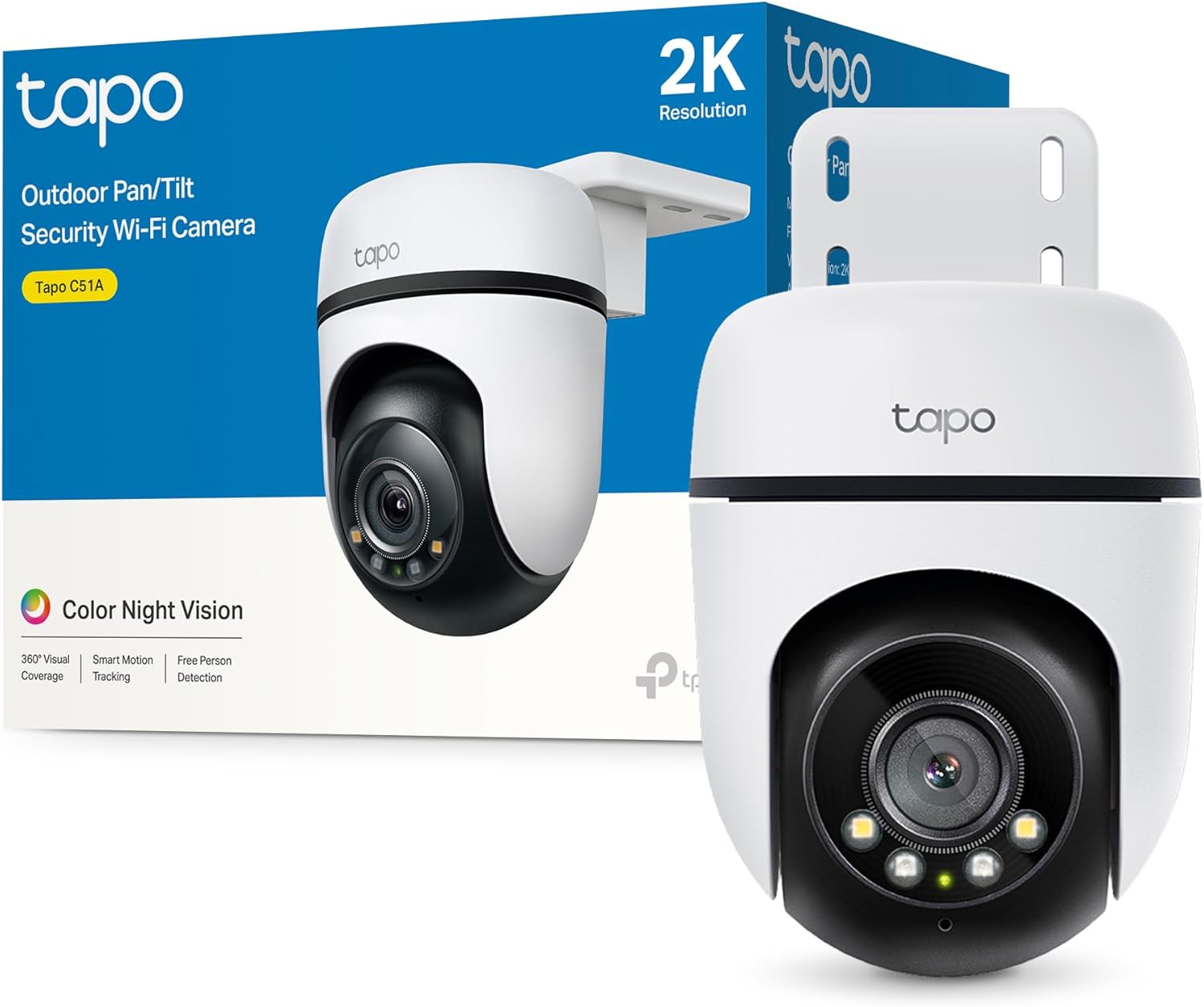 Tapo C51A - Cámara de vigilancia Wi-Fi para Exteriores 360°, visión Nocturna a Todo Color 2k (3 MP), detección Personas con IA Seguimiento Movimiento Inteligente IP65 - 1