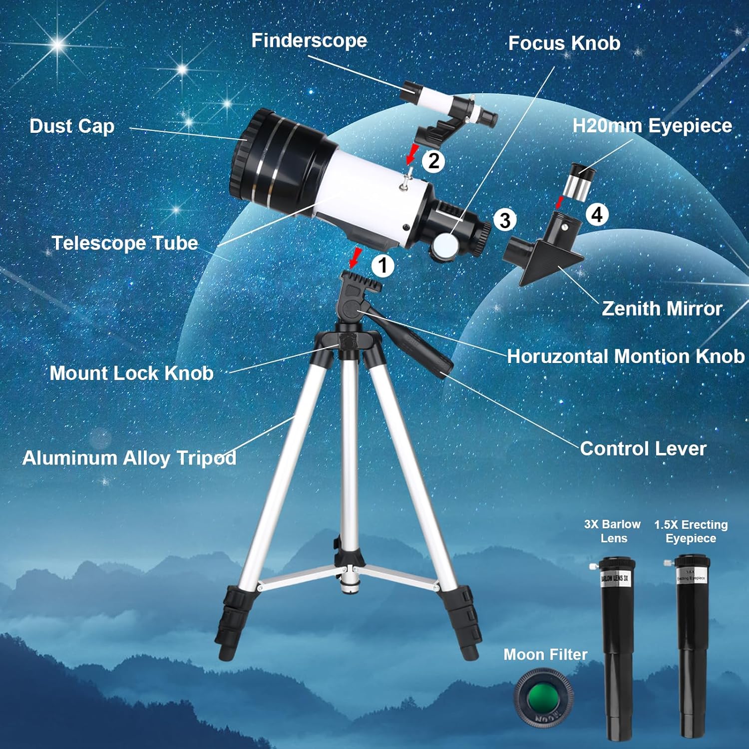 Telescopio para Adultos, 70mm Apertura 300mm Telescopios para Principiantes Astronomía con Lentes, Visor, Trípode, Soporte Móvil, Portátil Refractor Telescopio para Niños & Adultos (Blanco) - 2