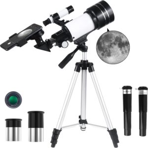 Telescopio para Adultos, 70mm Apertura 300mm Telescopios para Principiantes Astronomía con Lentes, Visor, Trípode, Soporte Móvil, Portátil Refractor Telescopio para Niños & Adultos (Blanco)