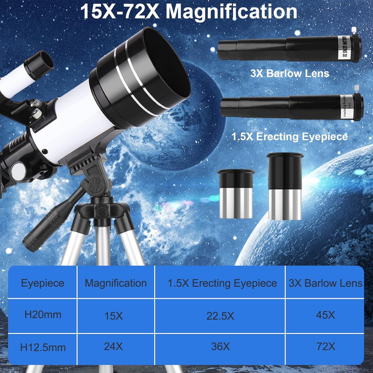 Telescopio para Adultos, 70mm Apertura 300mm Telescopios para Principiantes Astronomía con Lentes, Visor, Trípode, Soporte Móvil, Portátil Refractor Telescopio para Niños & Adultos (Blanco) - 4