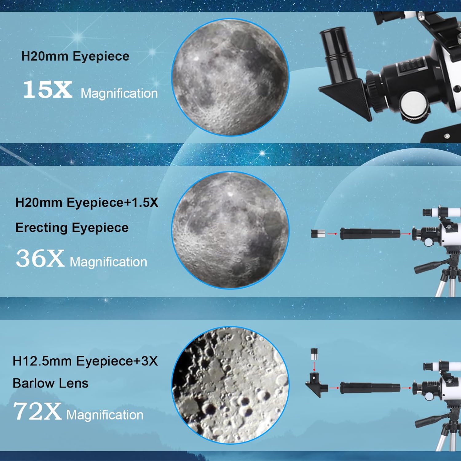 Telescopio para Adultos, 70mm Apertura 300mm Telescopios para Principiantes Astronomía con Lentes, Visor, Trípode, Soporte Móvil, Portátil Refractor Telescopio para Niños & Adultos (Blanco) - 5