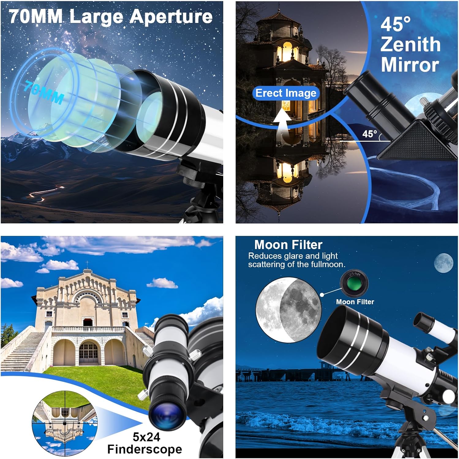 Telescopio para Adultos, 70mm Apertura 300mm Telescopios para Principiantes Astronomía con Lentes, Visor, Trípode, Soporte Móvil, Portátil Refractor Telescopio para Niños & Adultos (Blanco) - 6