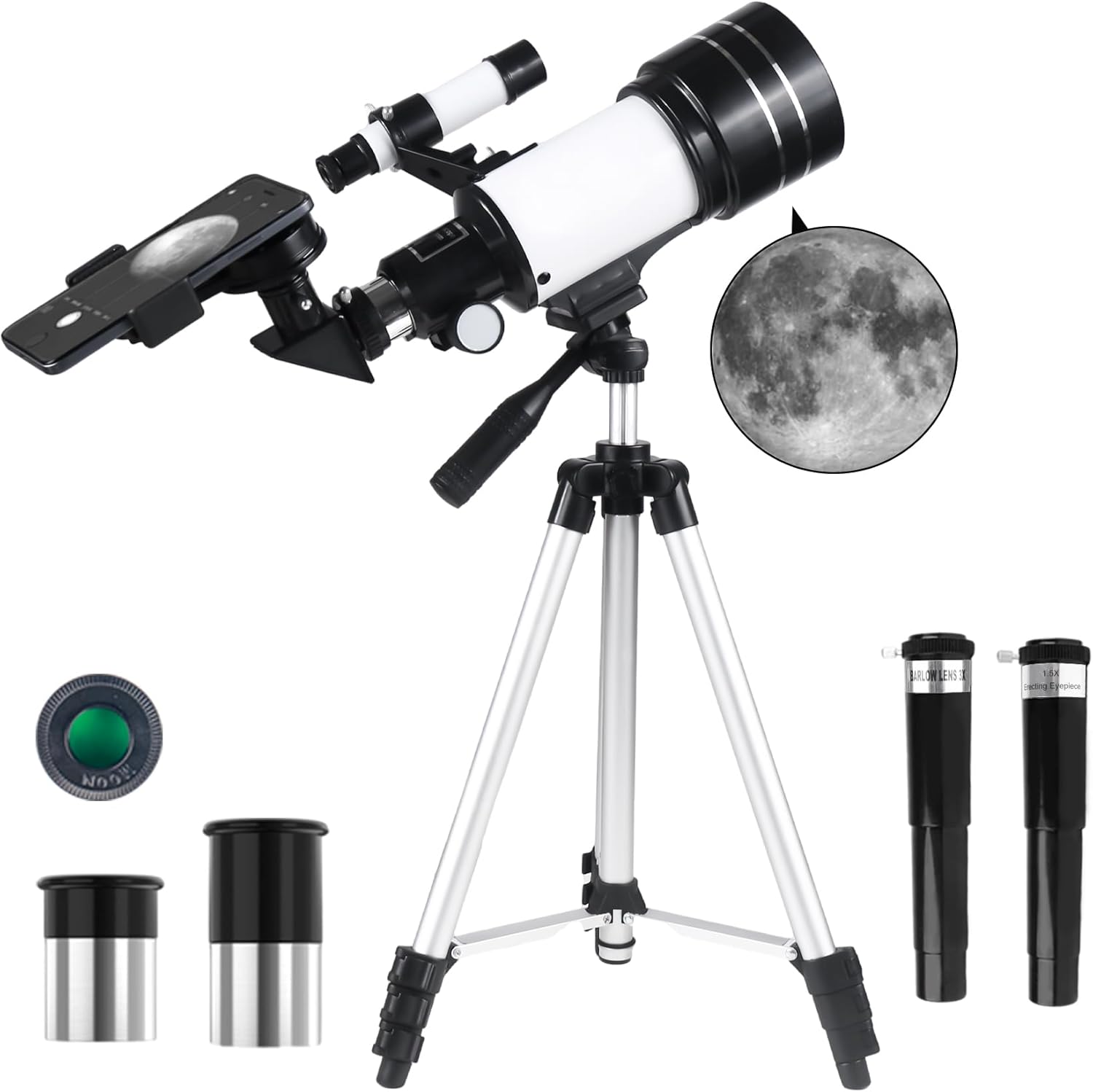 Telescopio para Adultos, 70mm Apertura 300mm Telescopios para Principiantes Astronomía con Lentes, Visor, Trípode, Soporte Móvil, Portátil Refractor Telescopio para Niños & Adultos (Blanco) - 1