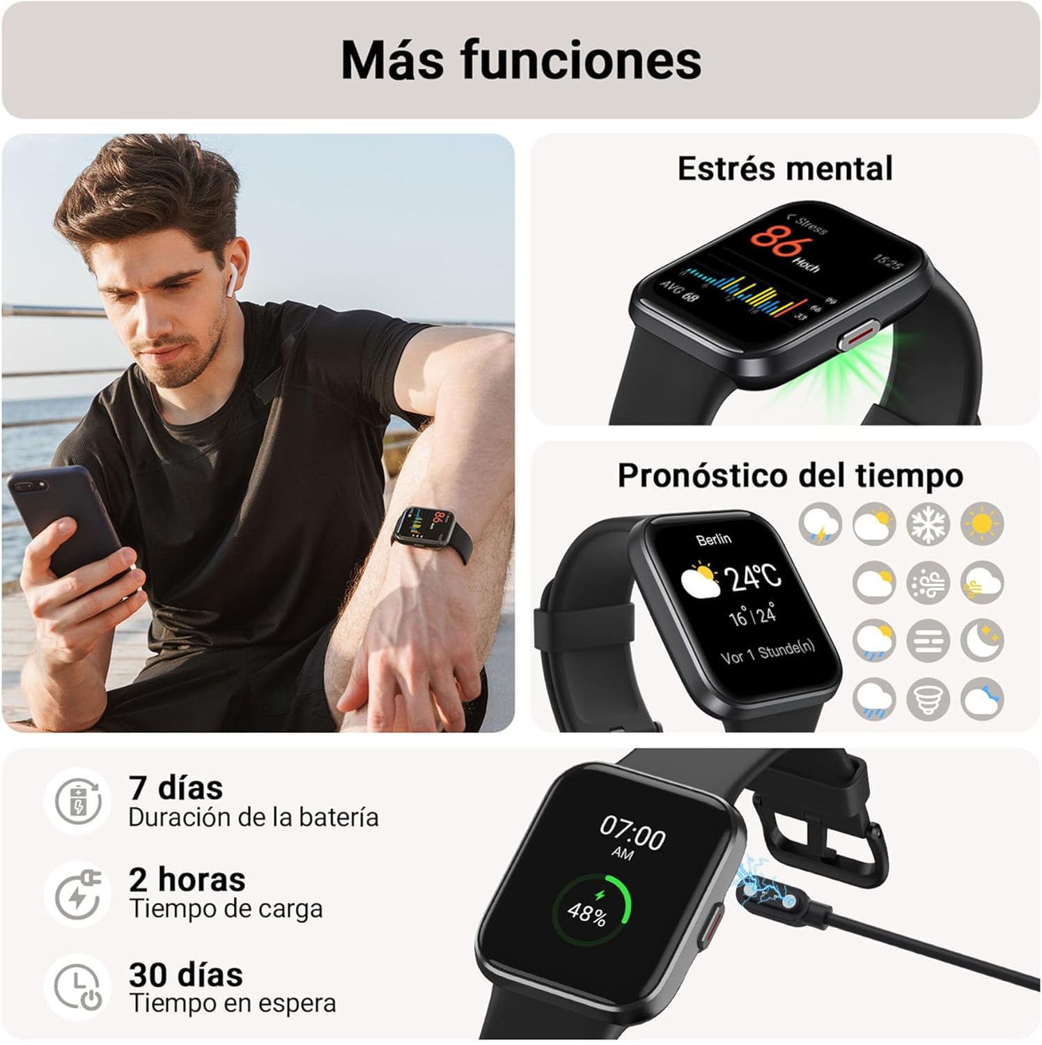 Tensky Reloj Inteligente Hombre con Llamadas y Voz de Alexa, Whatsapp Notificaciones, 1.85" Smartwatch Hombre 110 Modos Deportes 3 ATM SpO2/Pulsómetro/Monitor de Sueño Pulsera para iPhone Android - 6