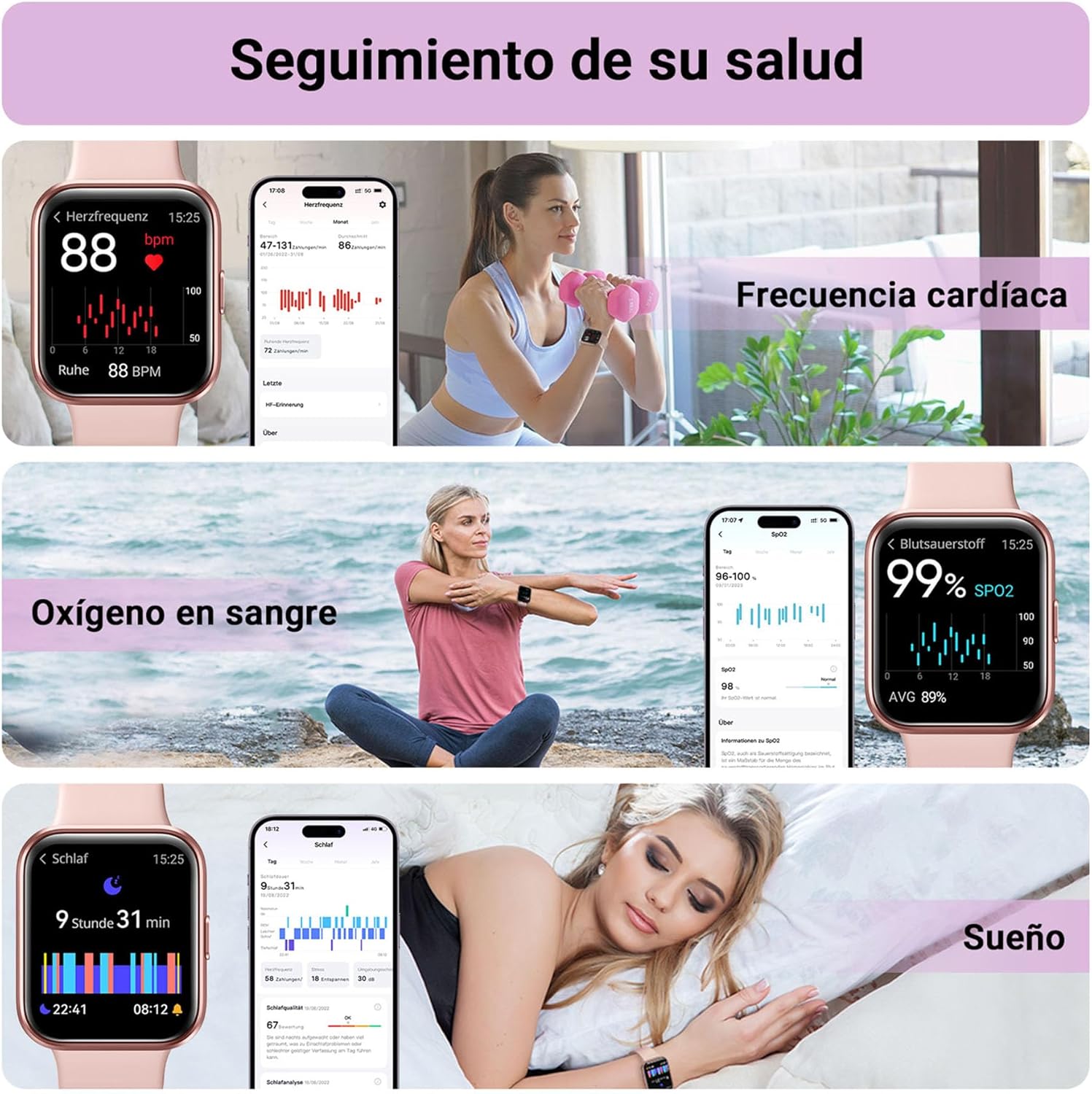 Tensky Reloj Inteligente Mujer con Llamadas y Voz de Alexa, Whatsapp Notificaciones, 1.8" Smartwatch Mujer con SpO2/Pulsómetro/Monitor de Sueño, 110 Modos Deportes, IP68 Regalo para iPhone Android - 4