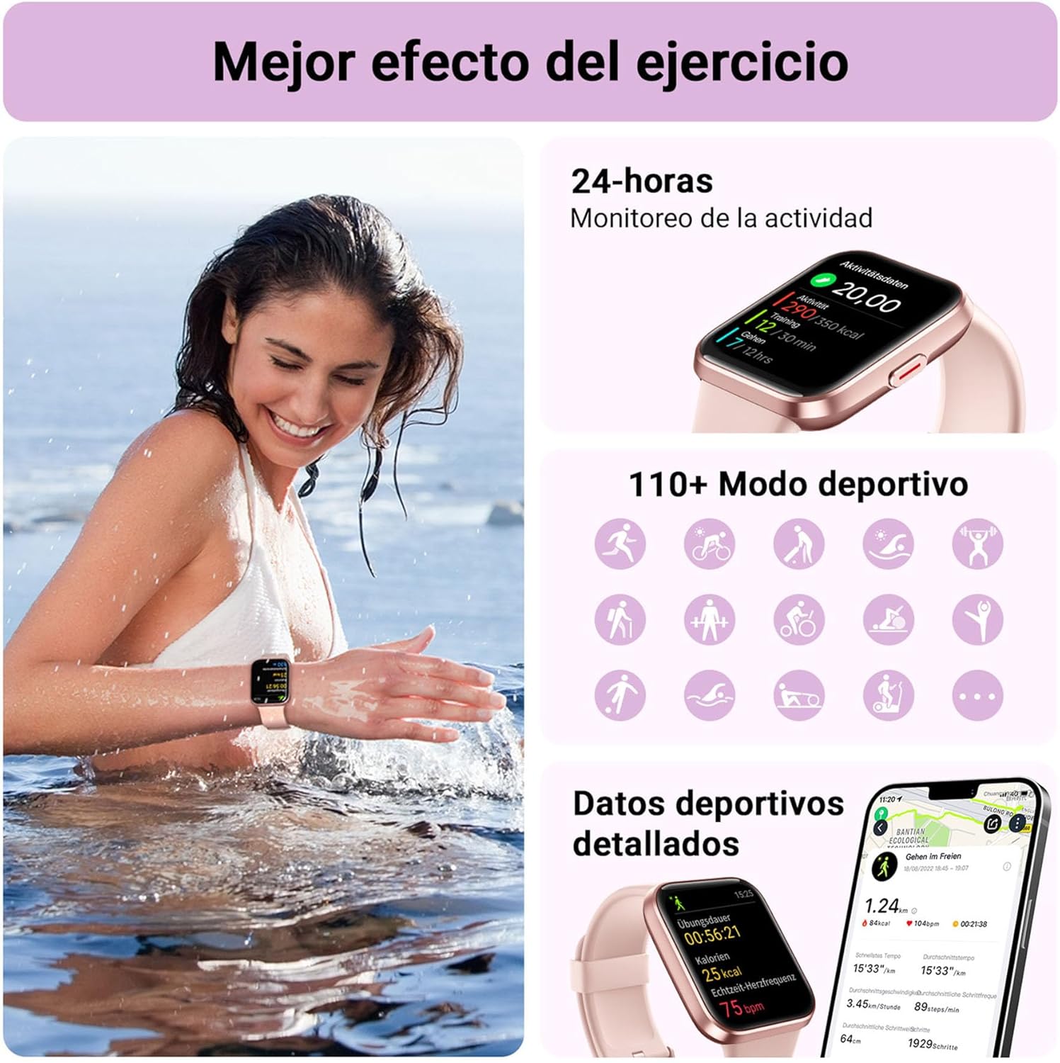 Tensky Reloj Inteligente Mujer con Llamadas y Voz de Alexa, Whatsapp Notificaciones, 1.8" Smartwatch Mujer con SpO2/Pulsómetro/Monitor de Sueño, 110 Modos Deportes, IP68 Regalo para iPhone Android - 5