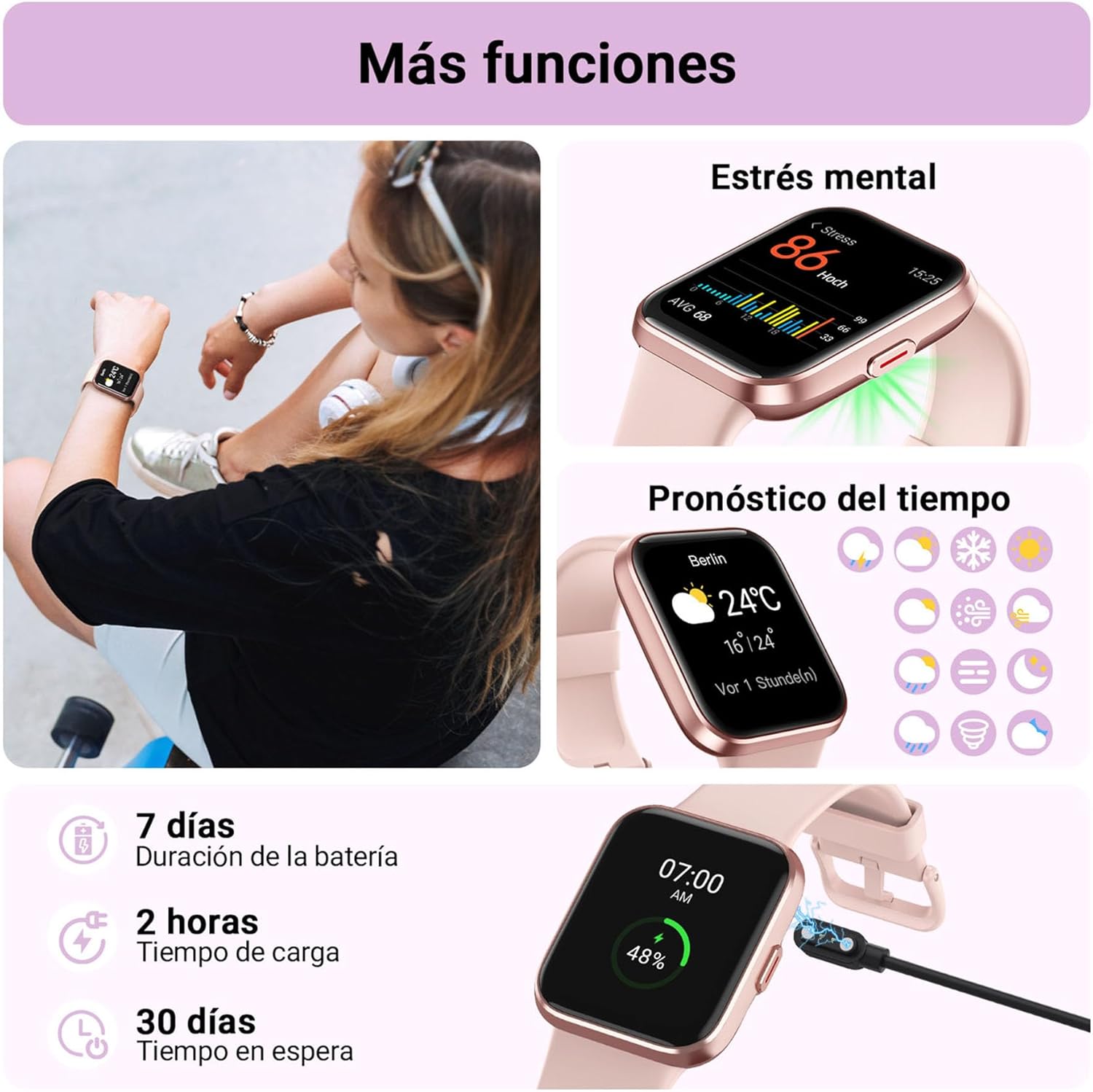 Tensky Reloj Inteligente Mujer con Llamadas y Voz de Alexa, Whatsapp Notificaciones, 1.8" Smartwatch Mujer con SpO2/Pulsómetro/Monitor de Sueño, 110 Modos Deportes, IP68 Regalo para iPhone Android - 6