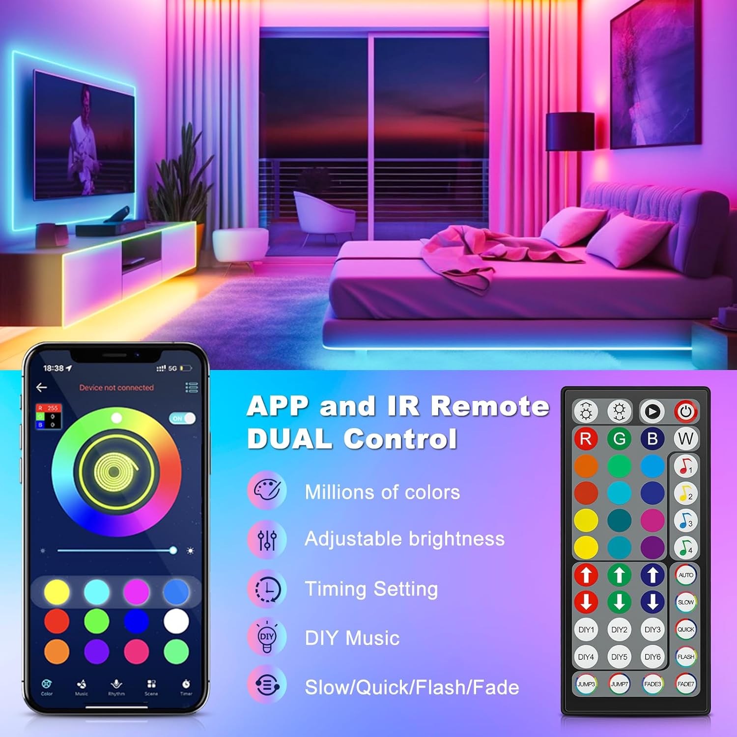 Tiras de Luces LED RGB para Habitación, 10 Metros, Control Remoto y App, 16 Milliones de Colores, Strip lights, Sincronización Musical Bluetooth, Para Fiesta Hogar TV Bar - 3