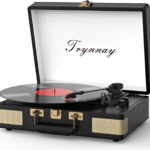 Tocadisco reproductor de vinilo portátil con Bluetooth de 3 velocidades, altavoces integrados, sonido mejorado, piel sintética, negro vintage