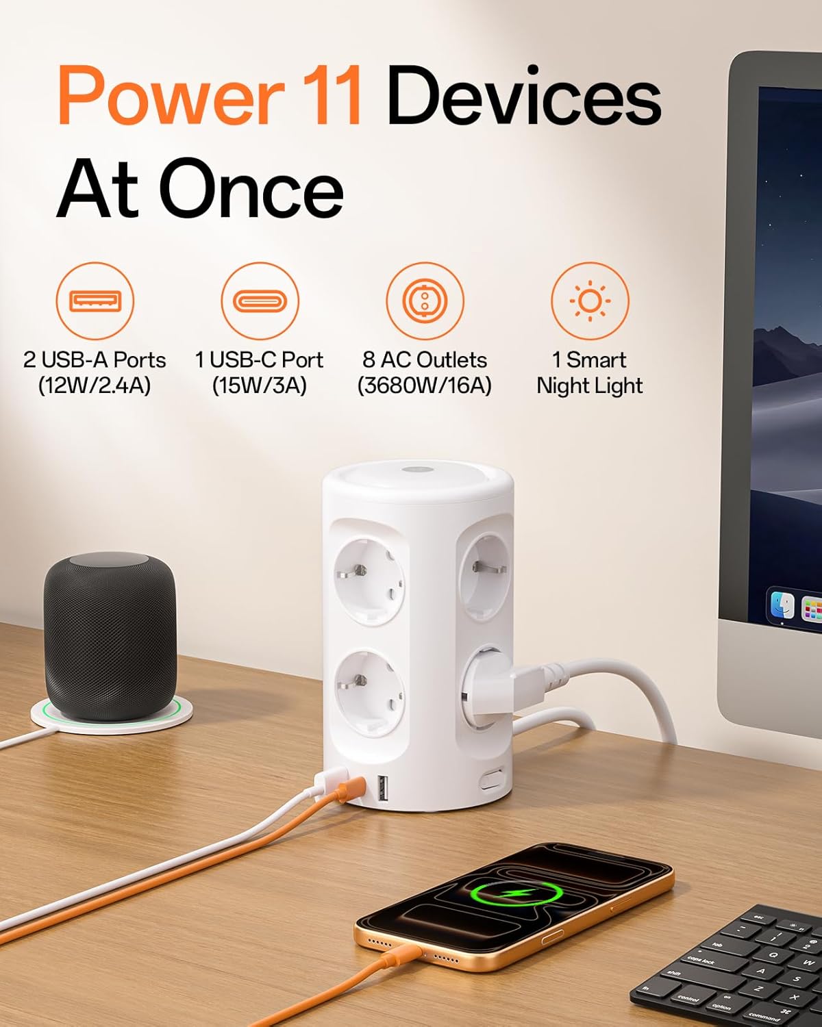 Torre Regletas Enchufes, Regleta USB 8 Tomas de AC y 3 USB, 2M Torre Enchufes Vertical con luz Nocturna y Interruptor,Regleta Enchufes Proteccion Sobretension, Enchufe Multiple para Mesa, Oficia, Casa - 2