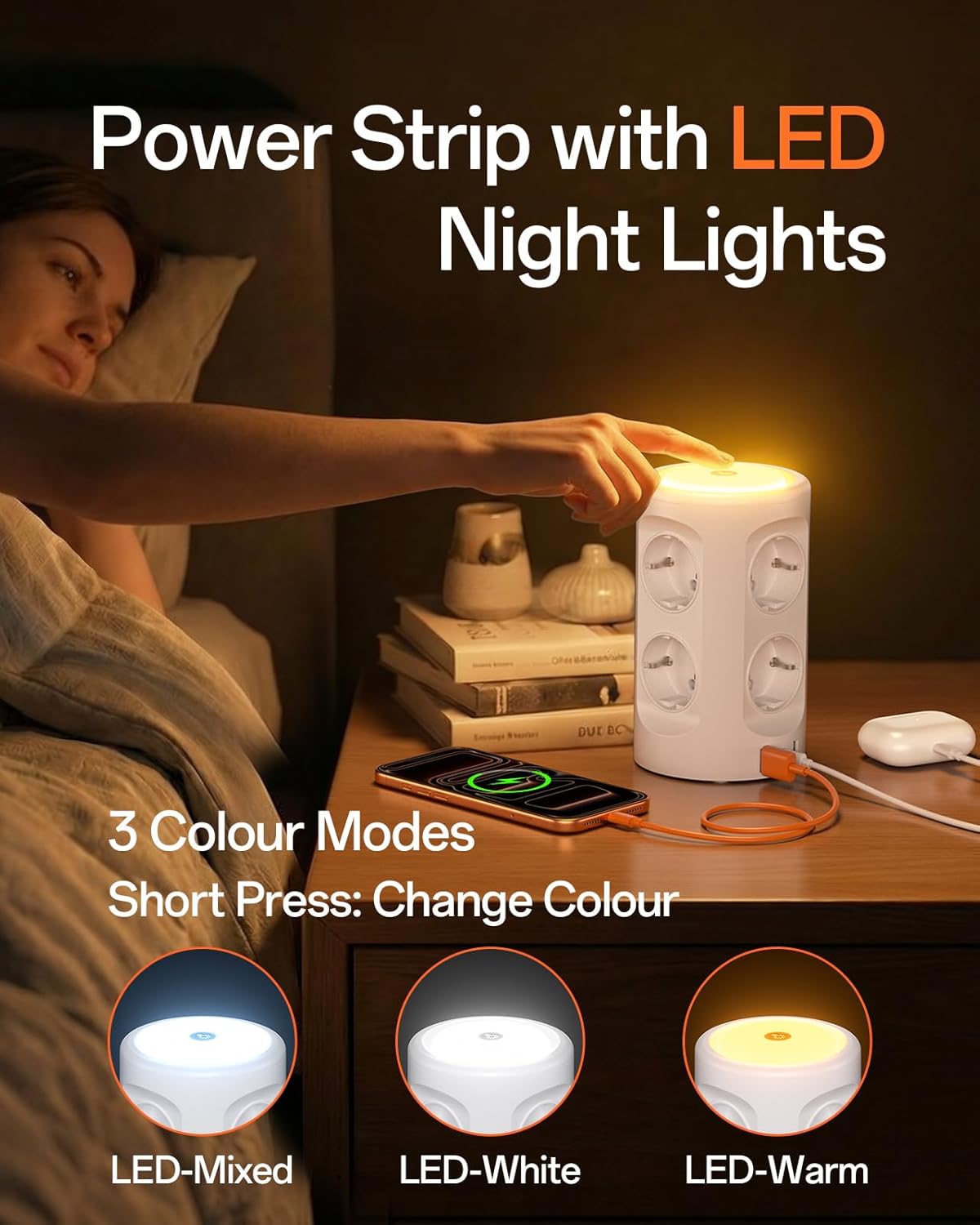 Torre Regletas Enchufes, Regleta USB 8 Tomas de AC y 3 USB, 2M Torre Enchufes Vertical con luz Nocturna y Interruptor,Regleta Enchufes Proteccion Sobretension, Enchufe Multiple para Mesa, Oficia, Casa - 3