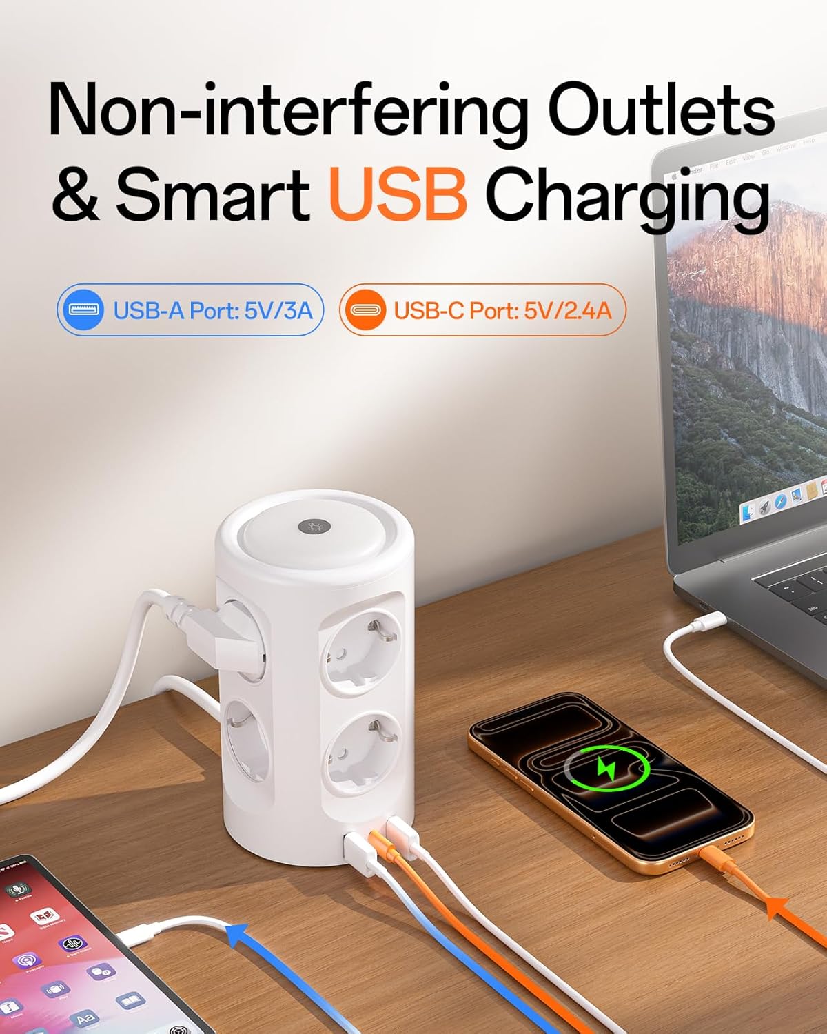 Torre Regletas Enchufes, Regleta USB 8 Tomas de AC y 3 USB, 2M Torre Enchufes Vertical con luz Nocturna y Interruptor,Regleta Enchufes Proteccion Sobretension, Enchufe Multiple para Mesa, Oficia, Casa - 4