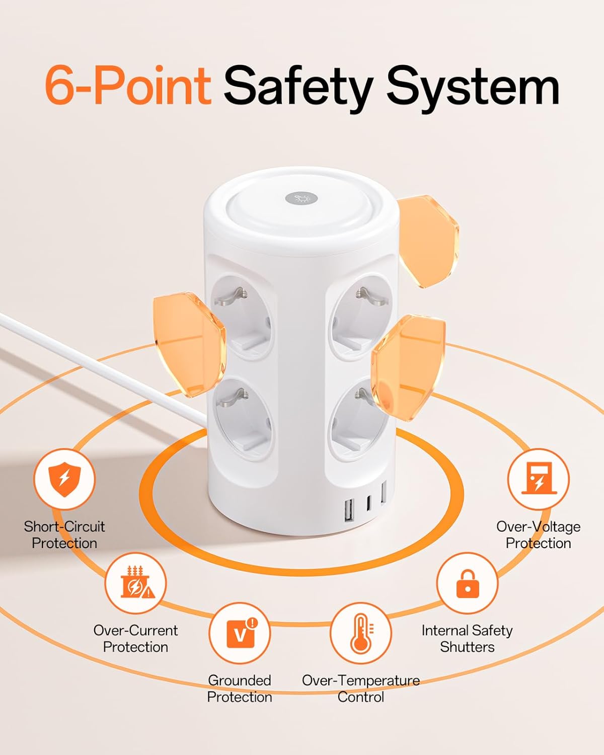 Torre Regletas Enchufes, Regleta USB 8 Tomas de AC y 3 USB, 2M Torre Enchufes Vertical con luz Nocturna y Interruptor,Regleta Enchufes Proteccion Sobretension, Enchufe Multiple para Mesa, Oficia, Casa - 5
