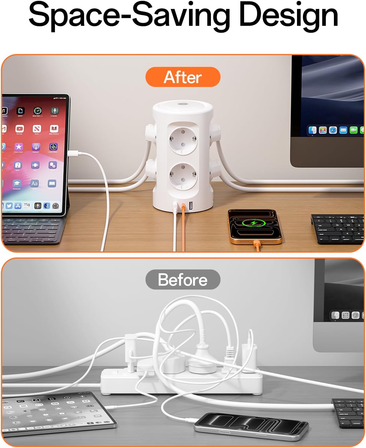 Torre Regletas Enchufes, Regleta USB 8 Tomas de AC y 3 USB, 2M Torre Enchufes Vertical con luz Nocturna y Interruptor,Regleta Enchufes Proteccion Sobretension, Enchufe Multiple para Mesa, Oficia, Casa - 6