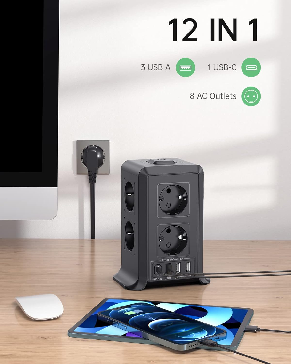 Torre Regletas Enchufes, Regleta USB 8 Tomas de AC y 4 USB Enchufe Multiple, 2500W/10A,Regleta Enchufes Proteccion Sobretension, 2M Regreltas Vertical con Interruptor para Mesa, Oficia, Casa, Negro - 2