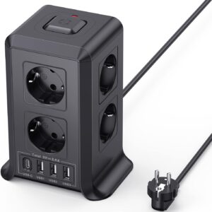 Torre Regletas Enchufes, Regleta USB 8 Tomas de AC y 4 USB Enchufe Multiple, 2500W/10A,Regleta Enchufes Proteccion Sobretension, 2M Regreltas Vertical con Interruptor para Mesa, Oficia, Casa, Negro