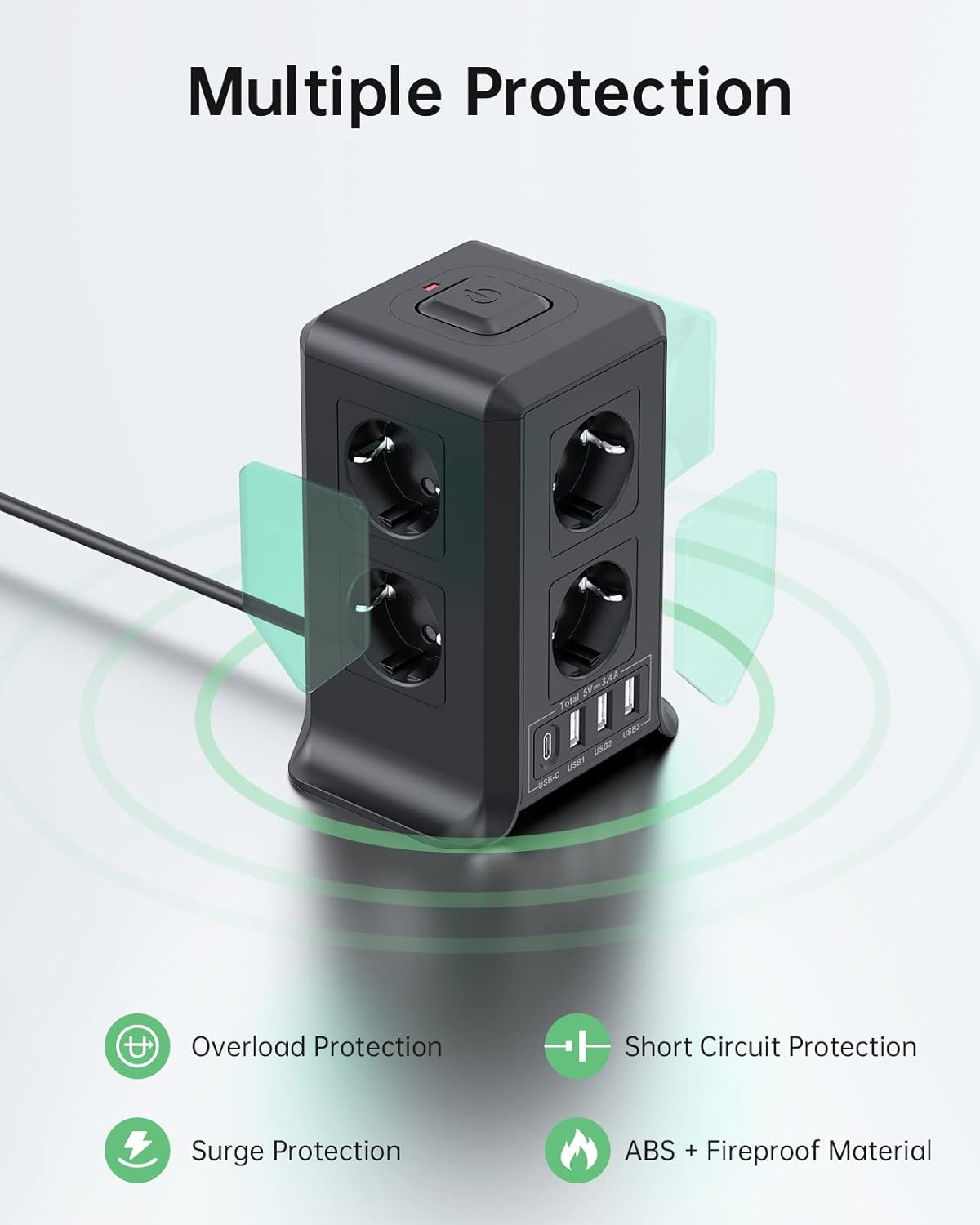 Torre Regletas Enchufes, Regleta USB 8 Tomas de AC y 4 USB Enchufe Multiple, 2500W/10A,Regleta Enchufes Proteccion Sobretension, 2M Regreltas Vertical con Interruptor para Mesa, Oficia, Casa, Negro - 4