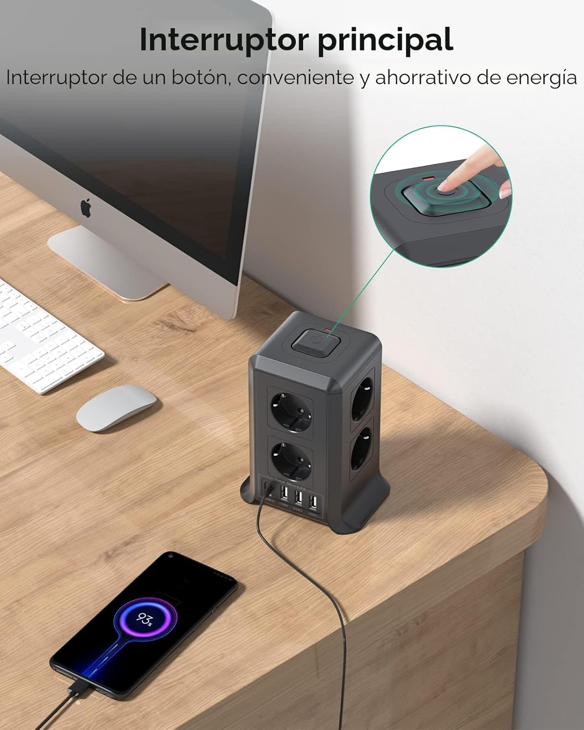 Torre Regletas Enchufes, Regleta USB 8 Tomas de AC y 4 USB Enchufe Multiple, 2500W/10A,Regleta Enchufes Proteccion Sobretension, 2M Regreltas Vertical con Interruptor para Mesa, Oficia, Casa, Negro - 5