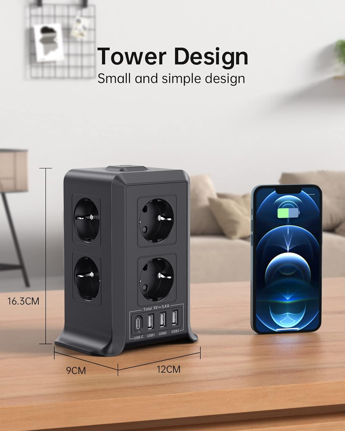 Torre Regletas Enchufes, Regleta USB 8 Tomas de AC y 4 USB Enchufe Multiple, 2500W/10A,Regleta Enchufes Proteccion Sobretension, 2M Regreltas Vertical con Interruptor para Mesa, Oficia, Casa, Negro - 6