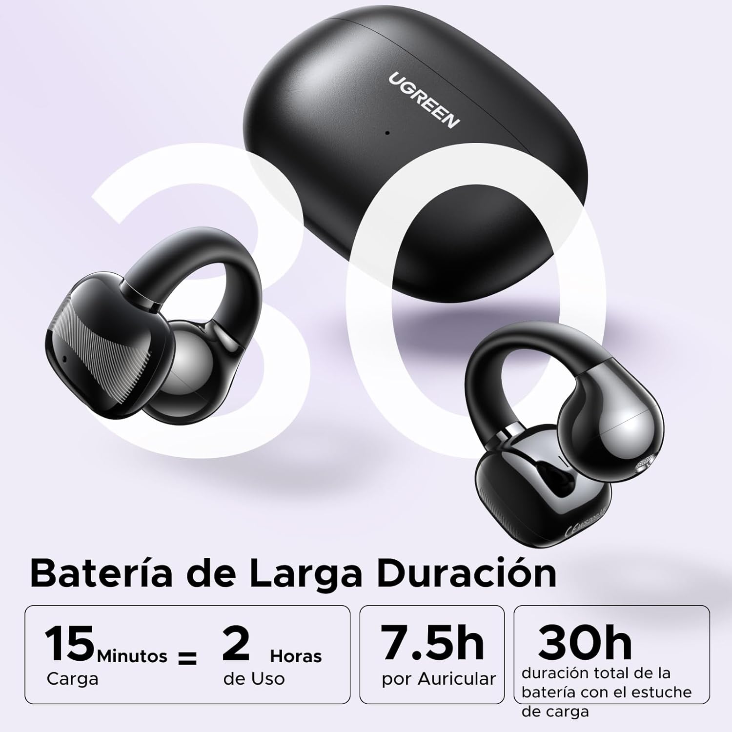 UGREEN HiTune S3 Auriculares Inalámbricos Bluetooth 5.4, Audifonos Deportivos Abiertos con Clip y Cancelación de Ruido ENC, 30H de Reproducción, Carga Rápida USB-C, Hi-Fi, IPX5 Impermeable, Negro - 6