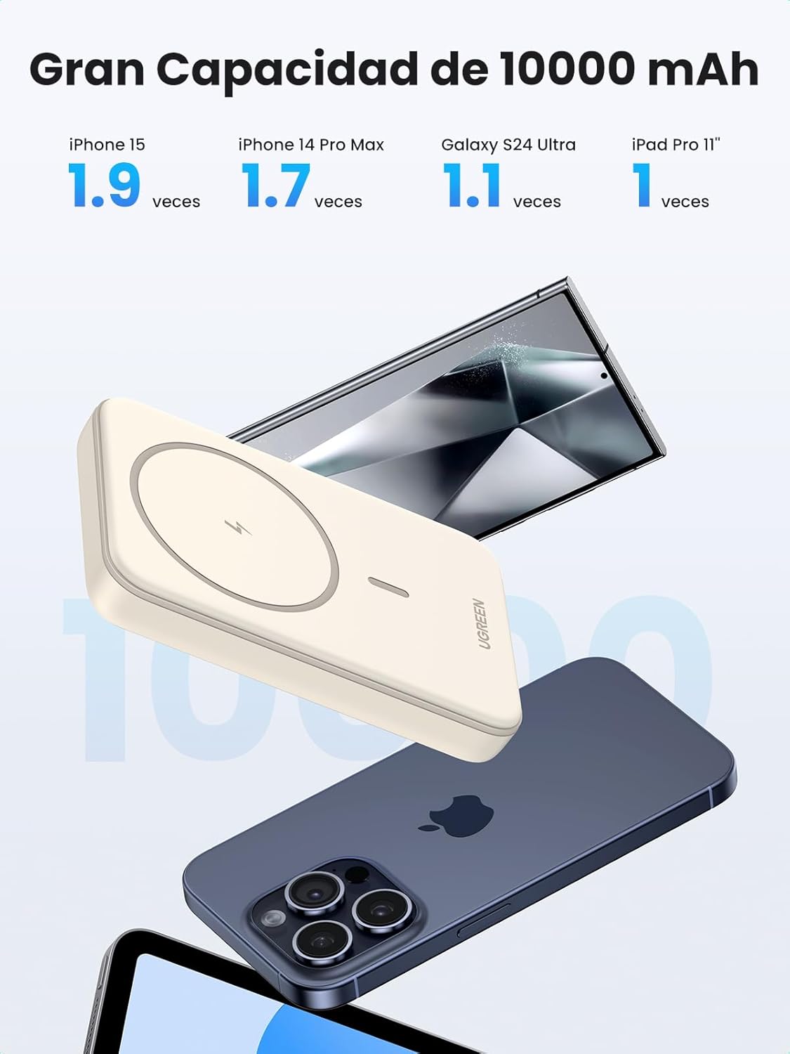 UGREEN Nexode Power Bank Inalámbrico Magnético 10000mAh con Carga Rápida USB C 20W PD QC 3.0, Cargador Portátil Compatible con iPhone 17 Pro MAX Air 16 15 14 13 12 Mini Plus Pro MAX (Beige) - 4