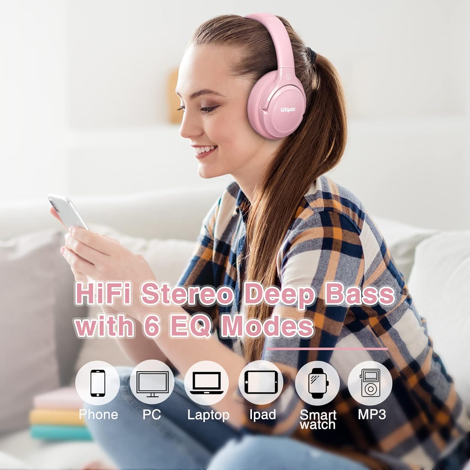 Uliptz Auriculares Inalámbricos Bluetooth, 65 Horas de Reproducción, 6 Modos de Sonido EQ, Auriculares Inalámbricos Diadema Estéreo HiFi, Audifonos Bluetooth 5.3 para PC/Teléfono (Rosa) - 2