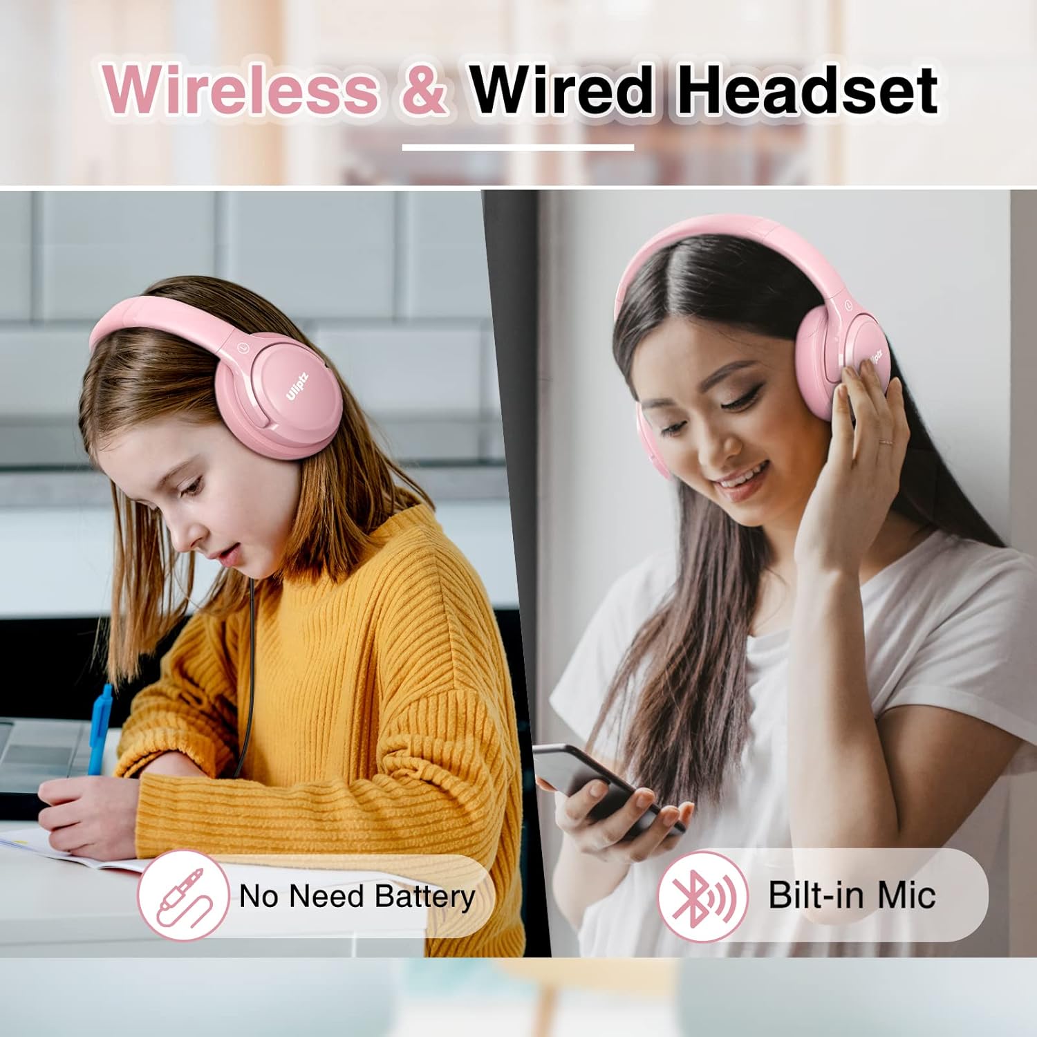 Uliptz Auriculares Inalámbricos Bluetooth, 65 Horas de Reproducción, 6 Modos de Sonido EQ, Auriculares Inalámbricos Diadema Estéreo HiFi, Audifonos Bluetooth 5.3 para PC/Teléfono (Rosa) - 6
