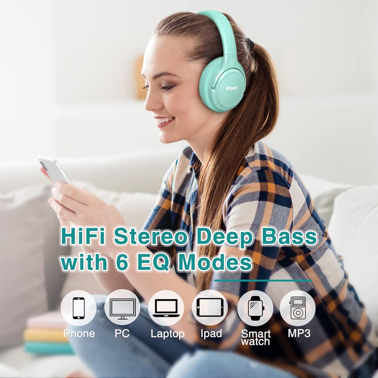 Uliptz Auriculares Inalámbricos Bluetooth, 65 Horas de Reproducción, 6 Modos de Sonido EQ, Auriculares Inalámbricos Diadema Estéreo HiFi, Audifonos Bluetooth 5.3 para PC/Teléfono (Verde) - 2