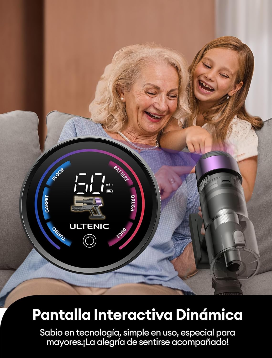 Ultenic U20 Aspiradora sin Cable 55Kpa/55Min, Cepillo Anti-Enredo Mejorado, Aspirador Escoba con Brazo Flexible, Limpieza Ultraprofunda Bajo Muebles sin Agacharse, para Alfombra/Pelo de Mascotas - 6