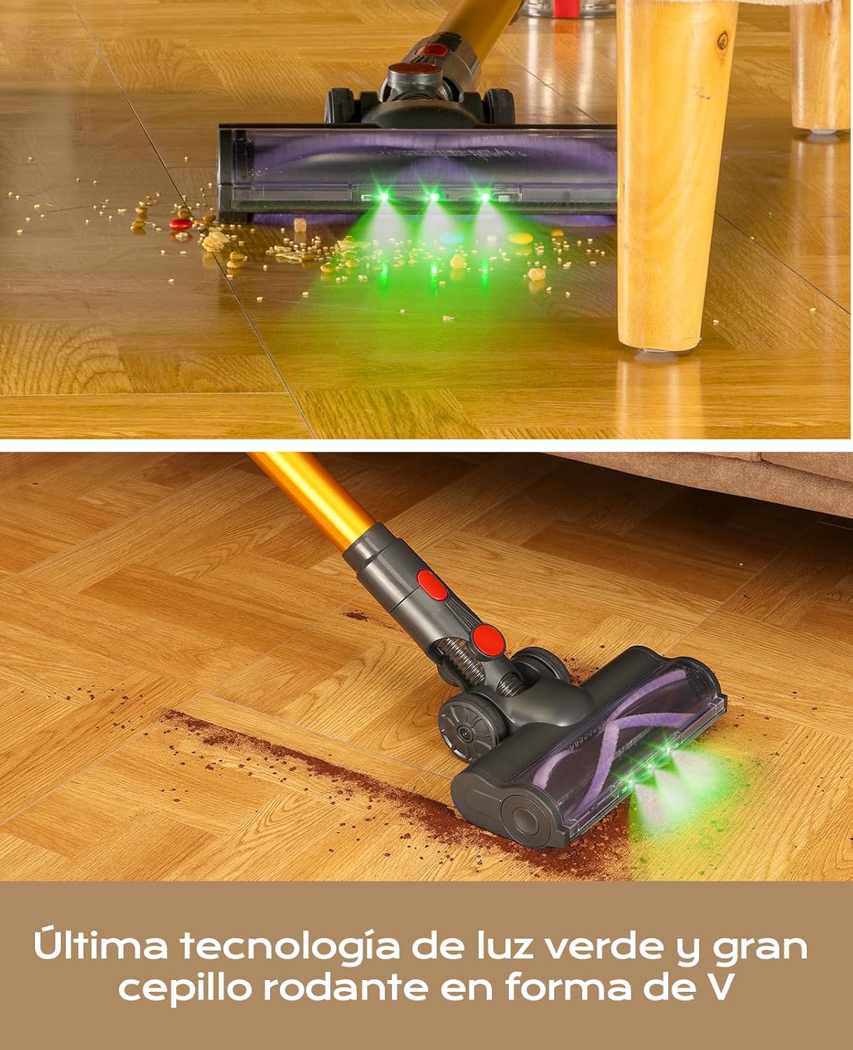VACTechPro Aspiradora sin Cable,35kPa Aspirador de Mano,6 en 1 Inalámbrica con 35minutos de autonomía y batería extraíble,Aspirador Escoba Ideal para Pelo de Mascota/Alfombra/Suelo Duro&Oro - 4