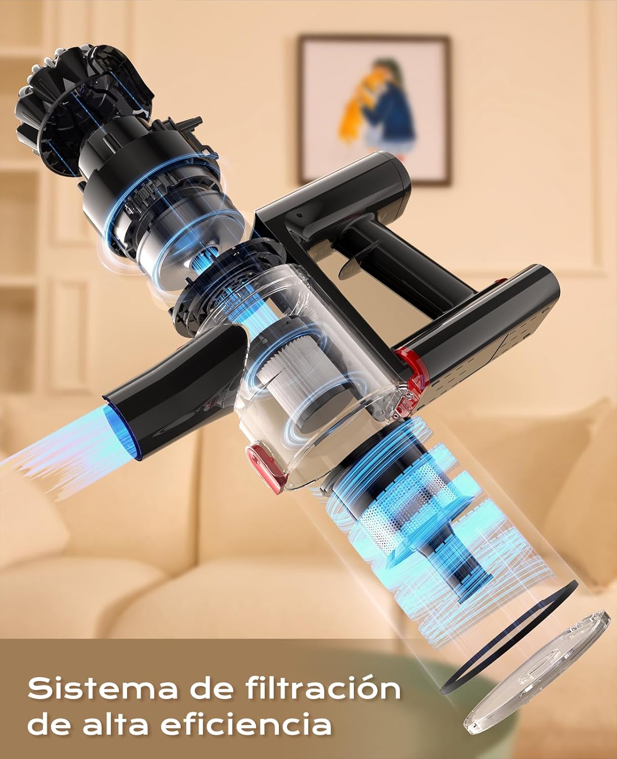 VACTechPro Aspiradora sin Cable,35kPa Aspirador de Mano,6 en 1 Inalámbrica con 35minutos de autonomía y batería extraíble,Aspirador Escoba Ideal para Pelo de Mascota/Alfombra/Suelo Duro&Oro - 5