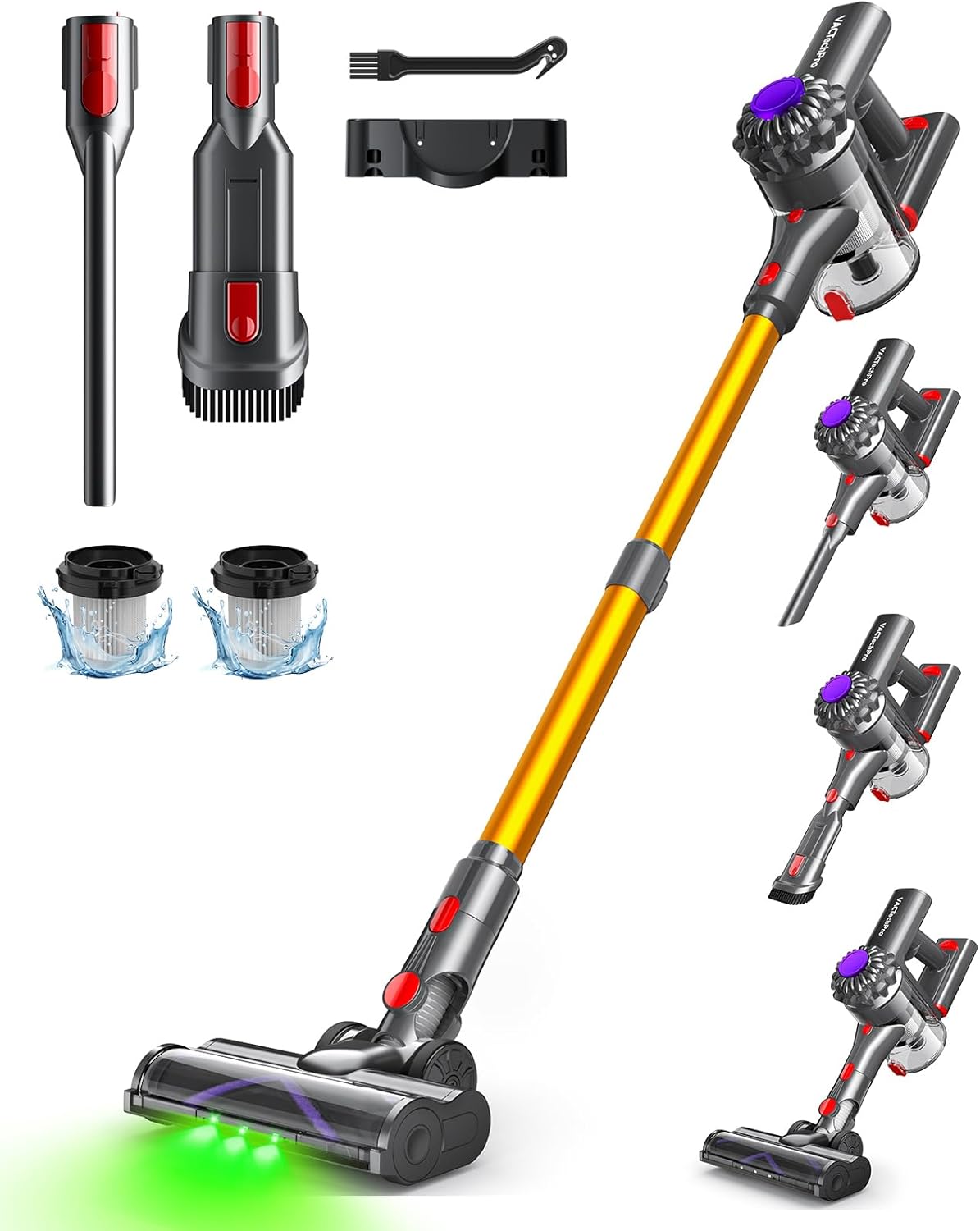 VACTechPro Aspiradora sin Cable,35kPa Aspirador de Mano,6 en 1 Inalámbrica con 35minutos de autonomía y batería extraíble,Aspirador Escoba Ideal para Pelo de Mascota/Alfombra/Suelo Duro&Oro - 1