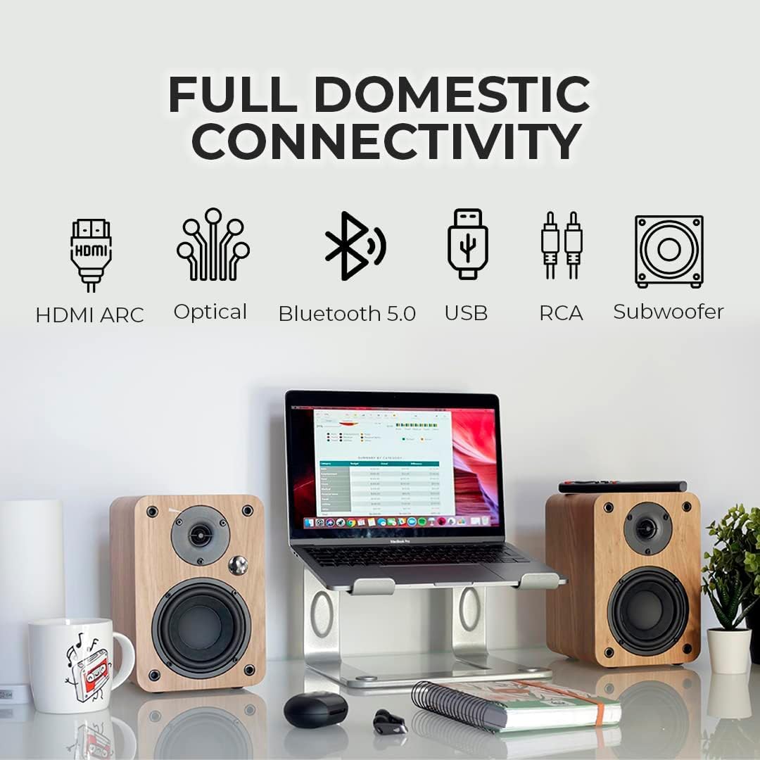 VULKKANO A4 ARC Altavoces Autoamplificados con Woofer de 4", Bluetooth 5.0, HDMI ARC, Optica, RCA, USB, con Salida Subwoofer, Monitores de Estudio con Diseño Elegante, Color Marron - 4