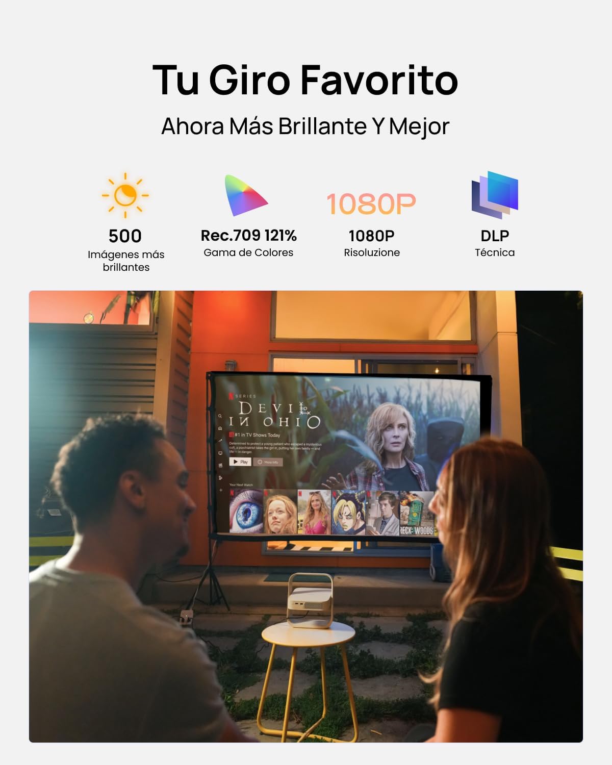 XGIMI Elfin Flip Plus Proyector Portátil, 500 Lúmenes ISO, Resolución 1080P, Google TV con Netflix Oficial, Soporte 150°, Altavoces Integrados de 2 x 3W, WiFi, Bluetooth, Adaptación a la Pantalla - 3