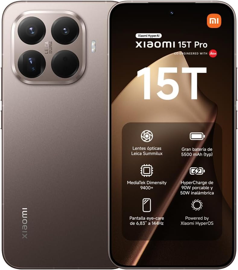 XIAOMI 15T Pro - Smartphone de 12+1024GB, Lente óptica Leica Summilux, MediaTek Dimensity 9400+, Pantalla Eye Care de 6,83" 144 Hz, HyperCharge de 90W, Cargador no Incluido, Mocha Gold (Versión ES) - 1