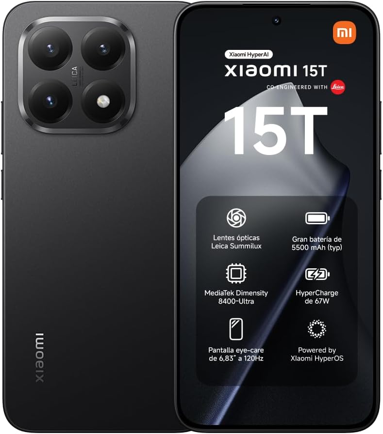 XIAOMI 15T - Smartphone de 12+256GB, Lente óptica Leica Summilux, MediaTek Dimensity 8400-Ultra, Pantalla Eye Care de 6,83" 120 Hz, HyperCharge de 67W, Cargador no Incluido, Negro (Versión ES) - 1
