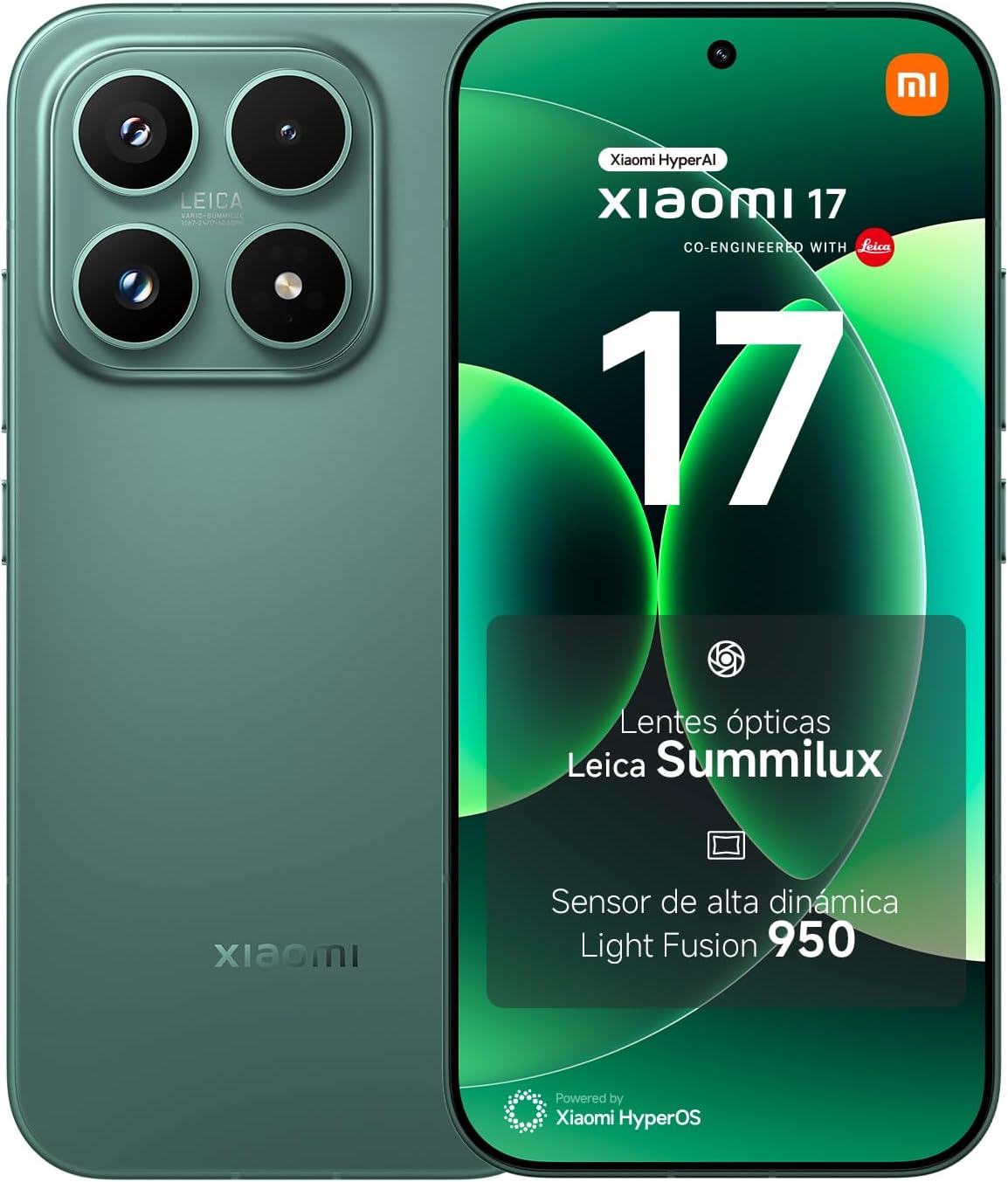 XIAOMI 17 - Smartphone de 12+512GB, Lentes óptica Leica Summilux, Snapdragon 8 Elite Gen 5, HyperAI, 1 año de garantía Extra, Cargador no Incluido, Verde (Versión ES) - 1