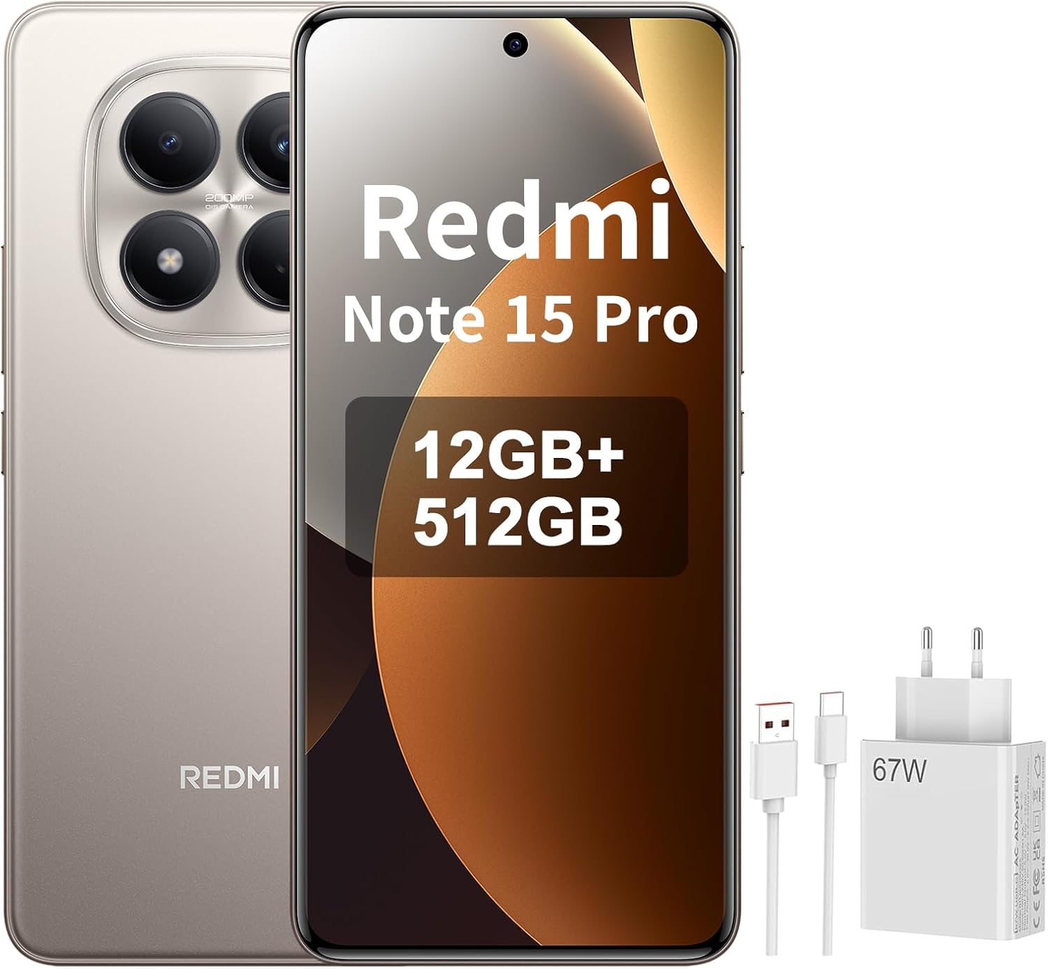 XIAOMI REDMI Note 15 Pro 4G - Smartphone de 12+512GB, batería de 6500 mAh, cámara de 200 MP, Pantalla AMOLED FHD+ de 6,77 Pulgadas, Titanio Color, Included 67W Charger - 1
