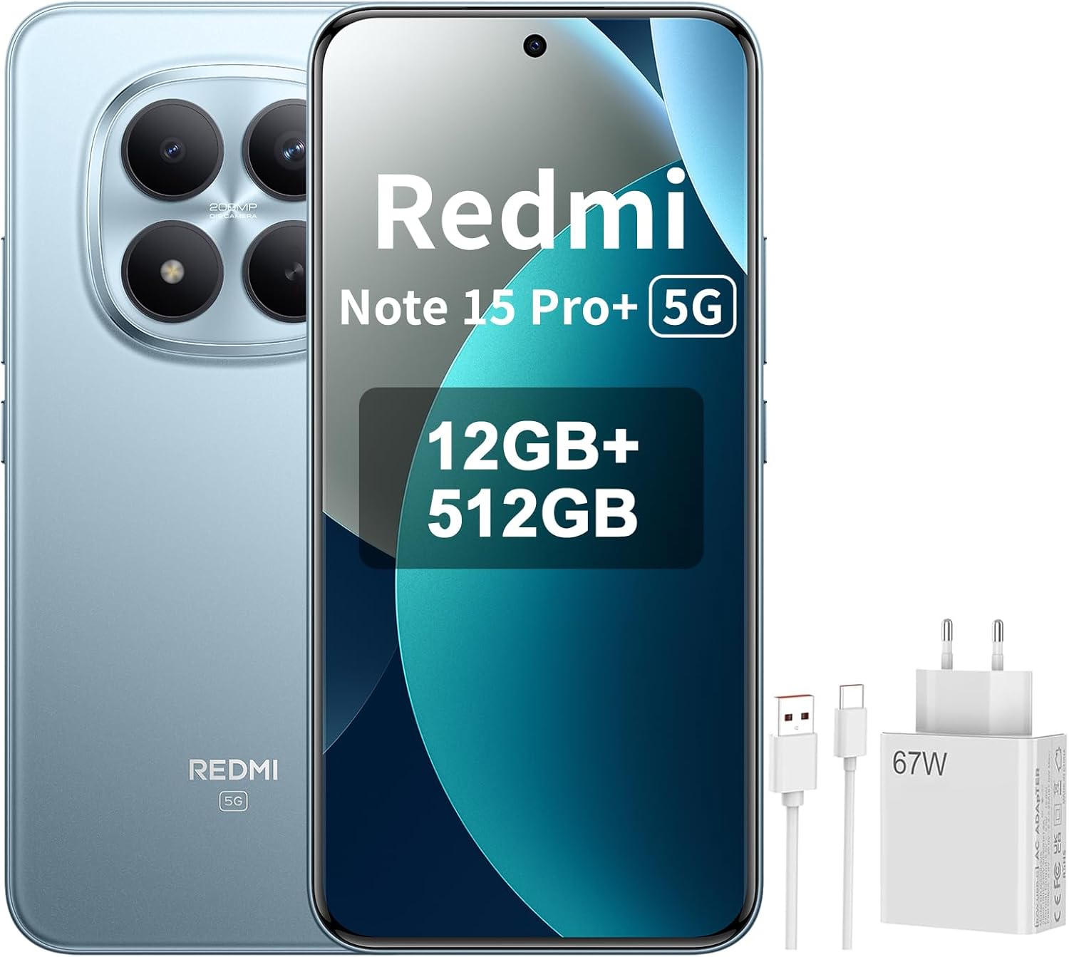 XIAOMI REDMI Note 15 Pro+ 5G Smartphone - 12+512GB, 6.83" AMOLED Display, 1.5K AMOLED Screen, Snapdragon 7s Gen 4, 200MP Camera, Azul Glaciar, Included 67W Charger - 1