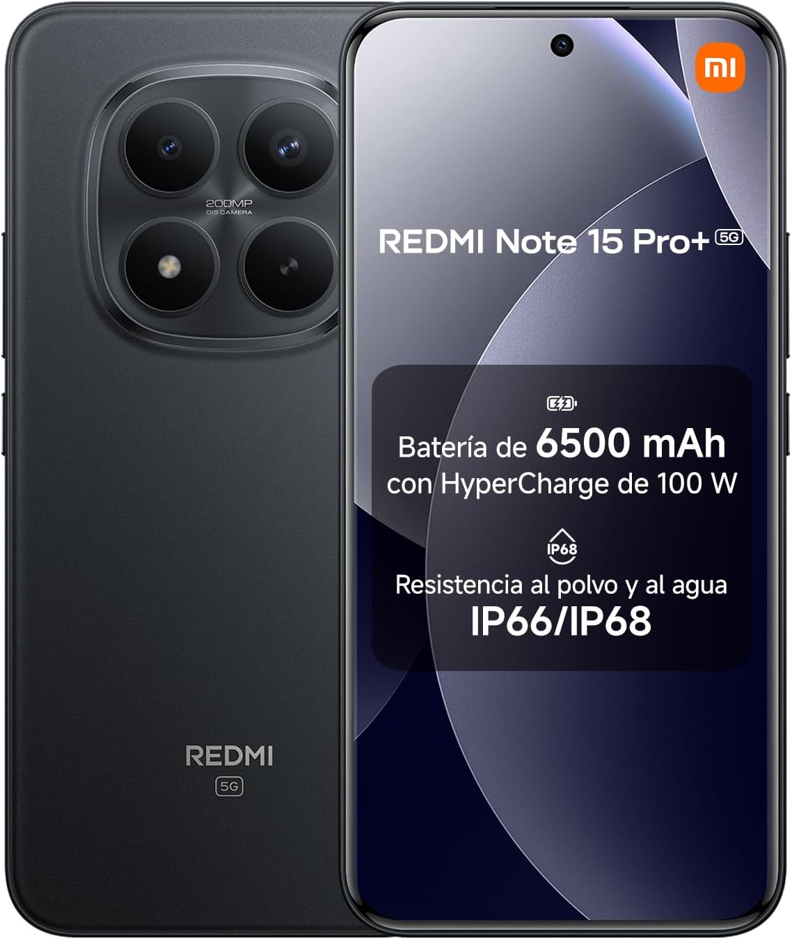 XIAOMI REDMI Note 15 Pro+ 5G - Smartphone de 8+256GB, Pantalla AMOLED 6,83" 1.5K AMOLED, Snapdragon 7s Gen 4, cámara de 200 MP, Hypercharge 100W, Cargador no Incluido, Negro (Versión ES) - 1