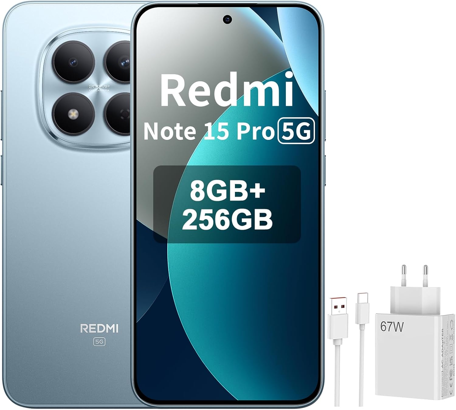 XIAOMI REDMI Note 15 Pro 5G - Smartphone de 8+256GB, Pantalla de 6,83" 1.5K AMOLED, MediaTek Dimensity 7400-Ultra, cámara de 200MP, batería de 6580 mAh, Azul Glaciar, Included 67W Charger - 1