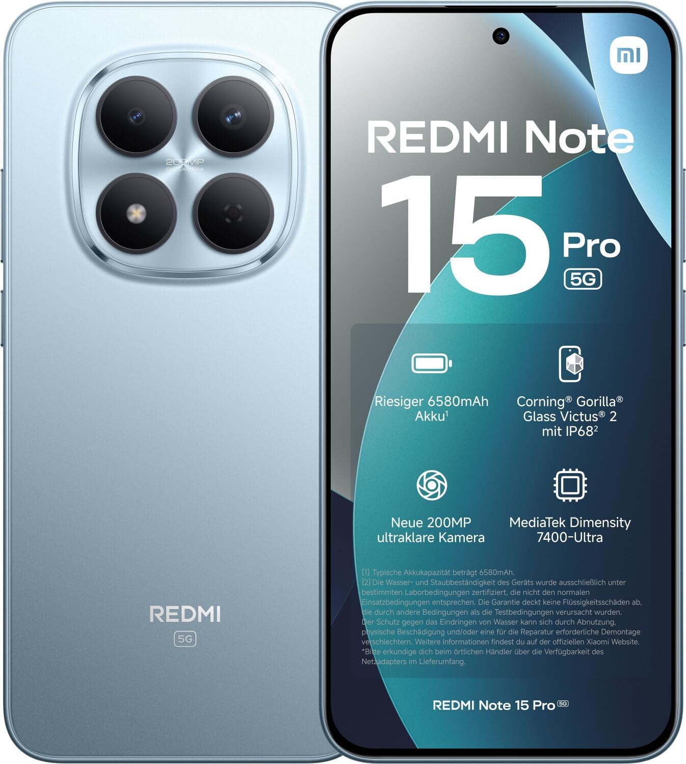 XIAOMI REDMI Note 15 Pro 5G - Smartphone de 8+256GB, Pantalla de 6,83" 1.5K AMOLED, MediaTek Dimensity 7400-Ultra, cámara de 200MP, batería de 6580 mAh, Azul Glaciar - 1