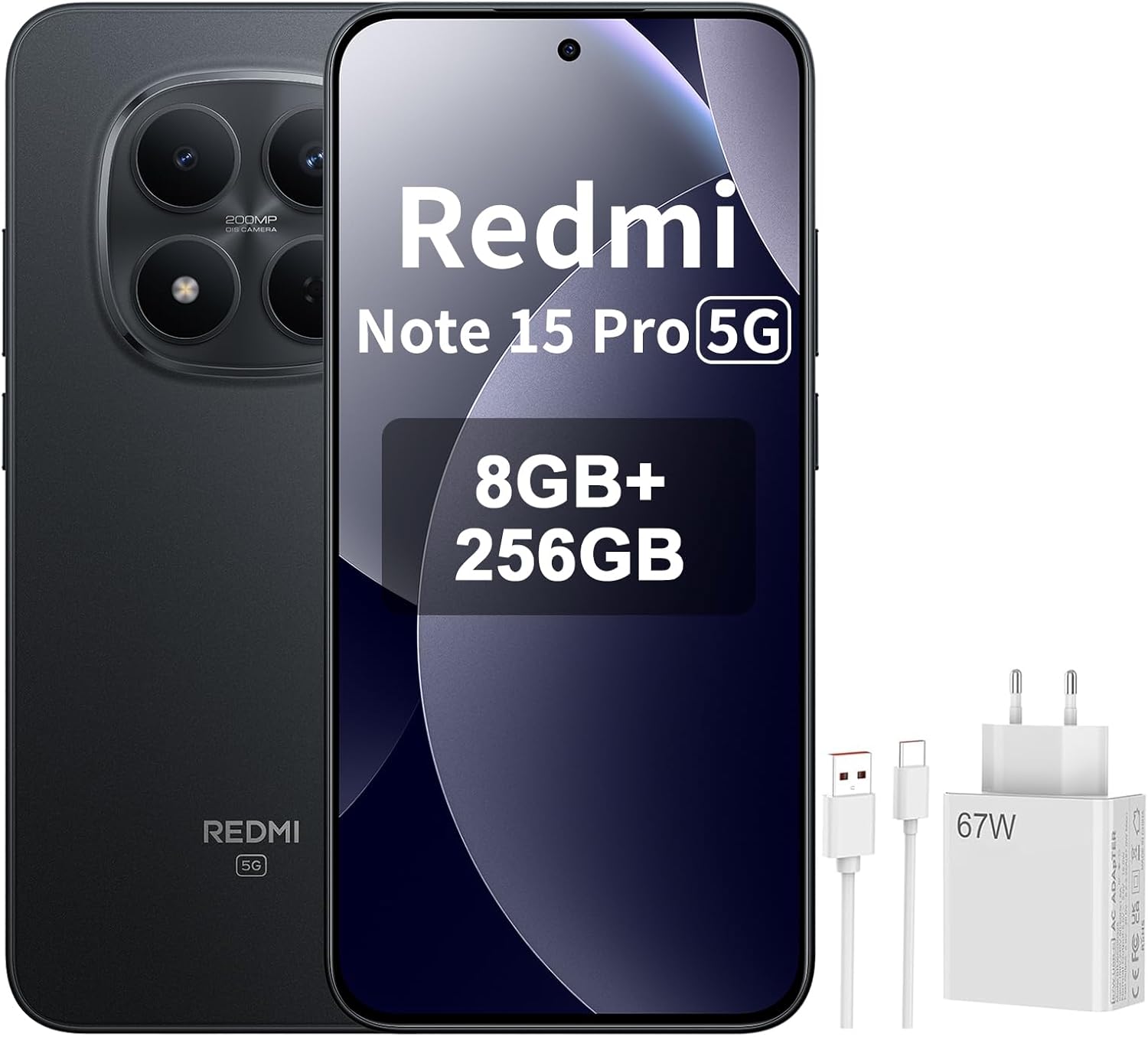 XIAOMI REDMI Note 15 Pro 5G - Smartphone de 8+256GB, Pantalla de 6,83" 1.5K AMOLED, MediaTek Dimensity 7400-Ultra, cámara de 200MP, batería de 6580 mAh, Negro, Included 67W Charger - 1