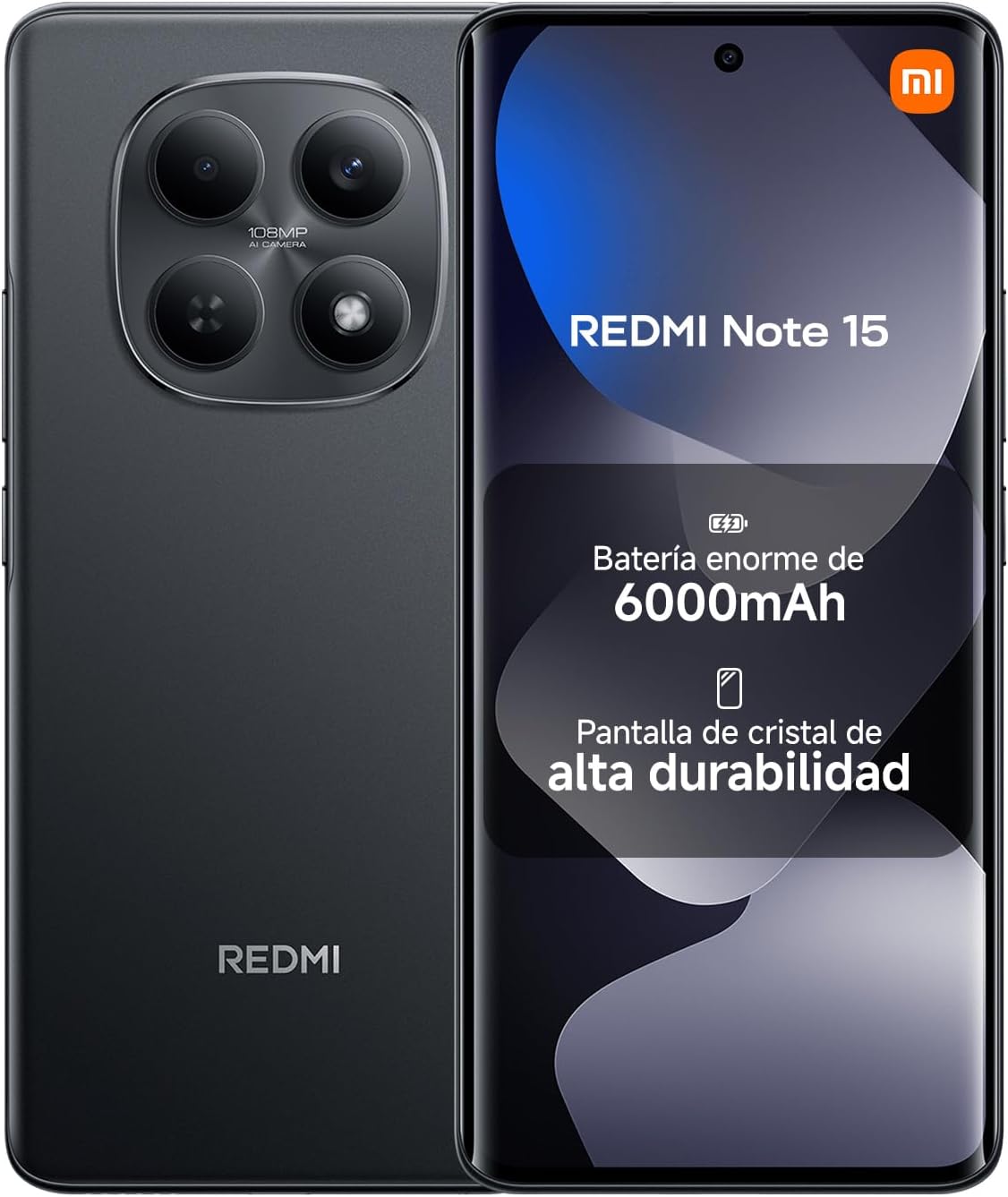 XIAOMI REDMI Note 15 - Smartphone de 6+128GB, Pantalla AMOLED FHD+ de 6,77", MediaTek Helio G100-Ultra, cámara de 108MP, batería de 6000 mAh, Cargador no Incluido, Negro (Versión ES) - 1