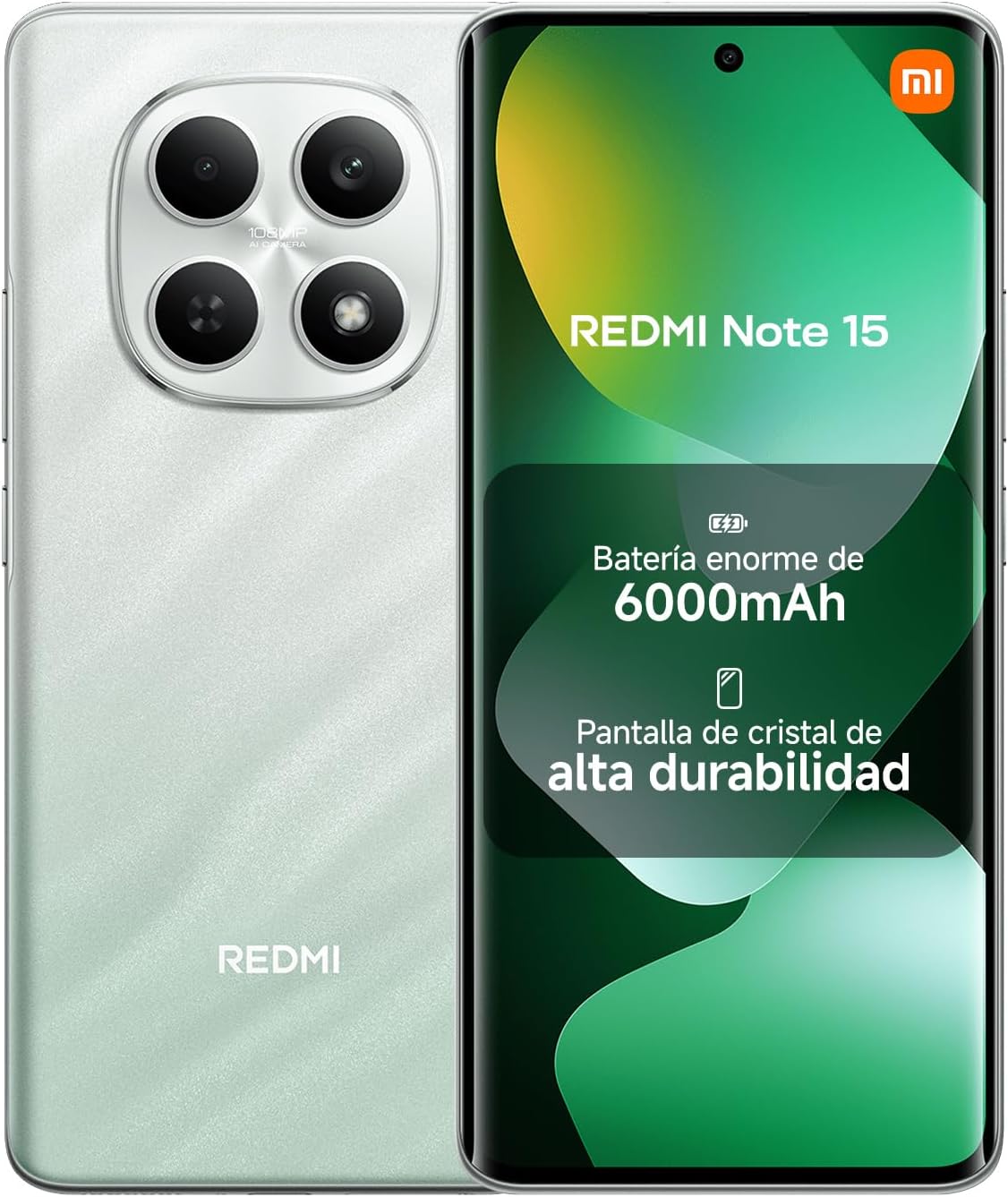 XIAOMI REDMI Note 15 - Smartphone de 6+128GB, Pantalla AMOLED FHD+ de 6,77", MediaTek Helio G100-Ultra, cámara de 108MP, batería de 6000 mAh, Cargador no Incluido, Verde (Versión ES) - 1